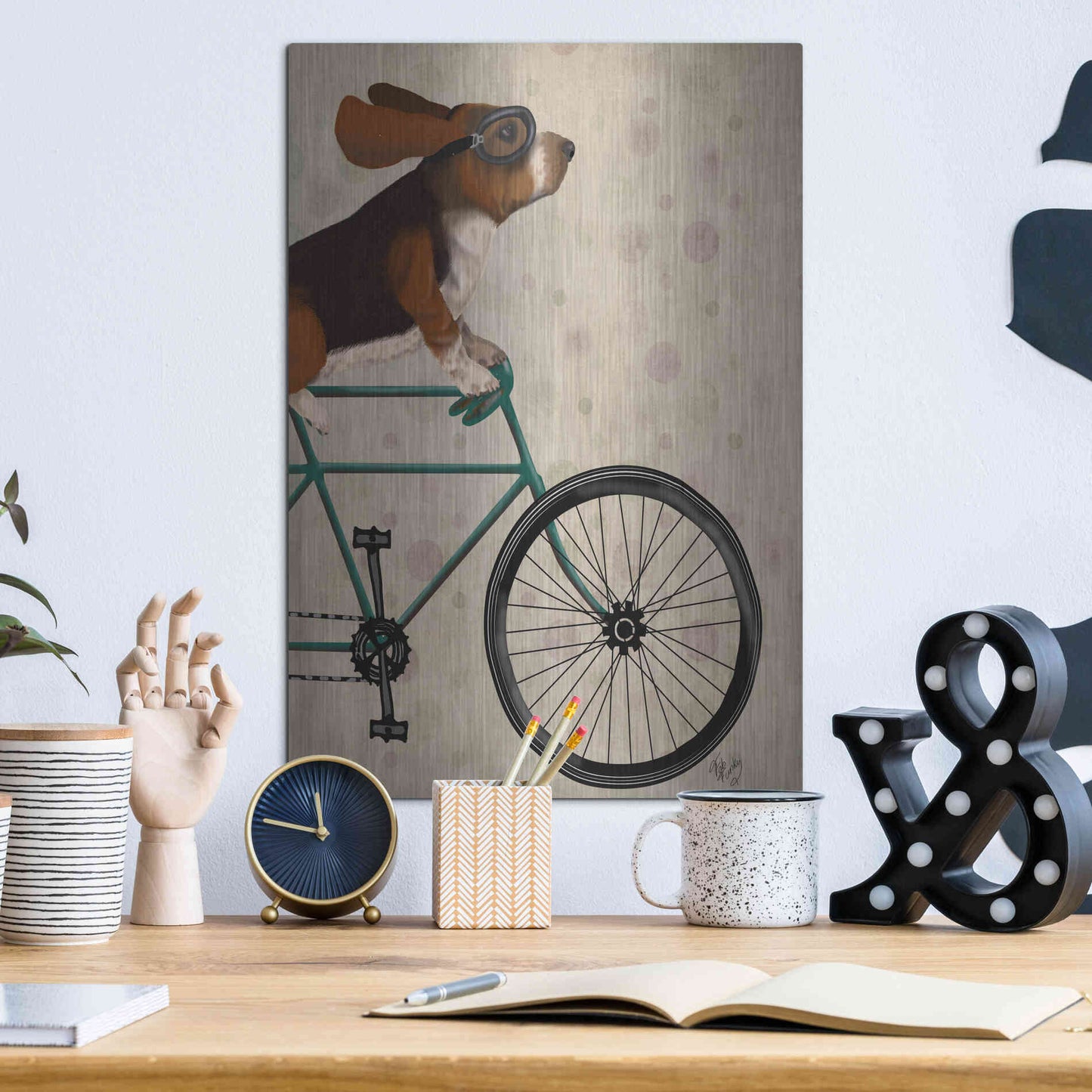 Luxe Metal Art 'Basset Hound on Bicycle' by Fab Funky Metal Wall Art,12x16