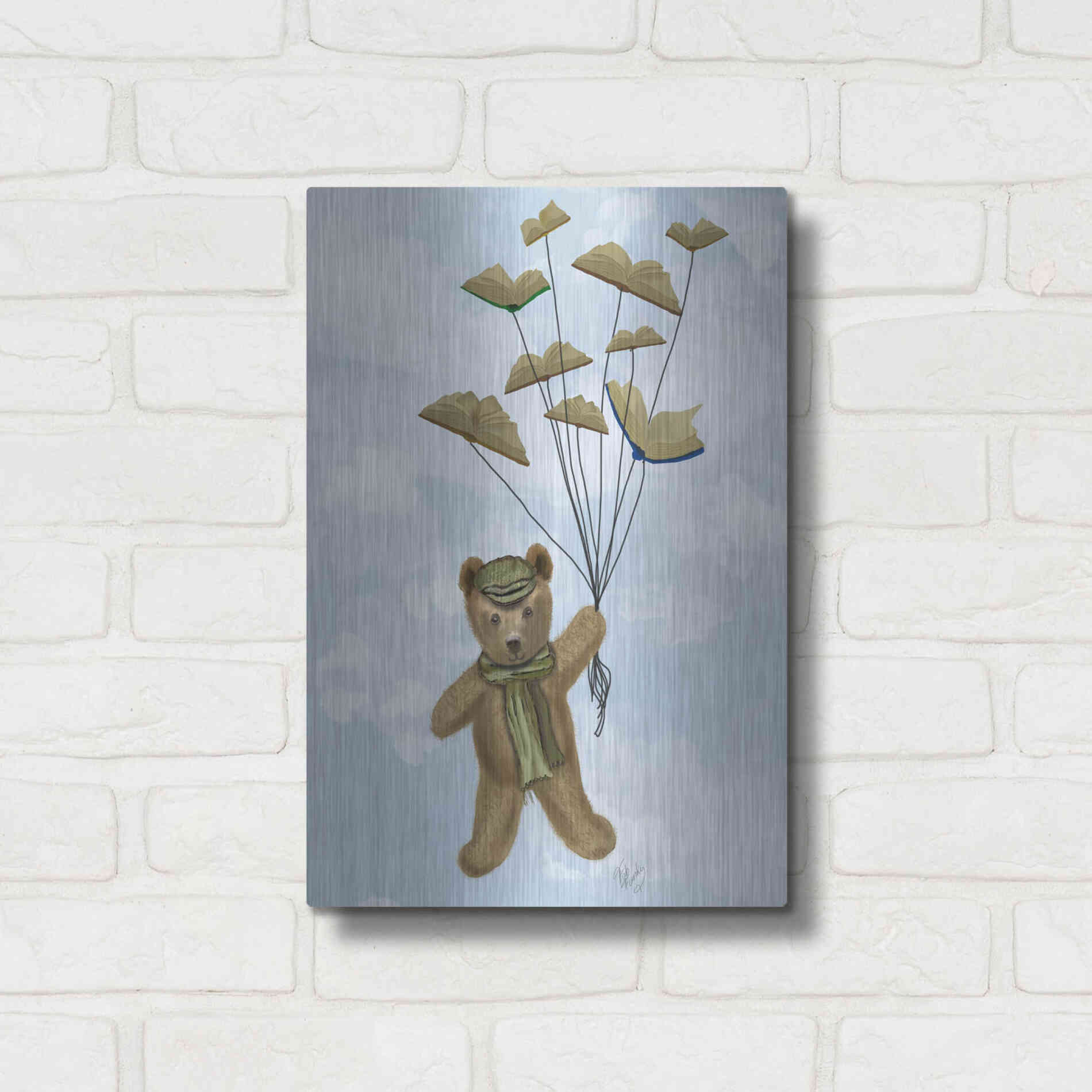 Luxe Metal Art 'Bear with Book Butterflies' by Fab Funky Metal Wall Art,12x16