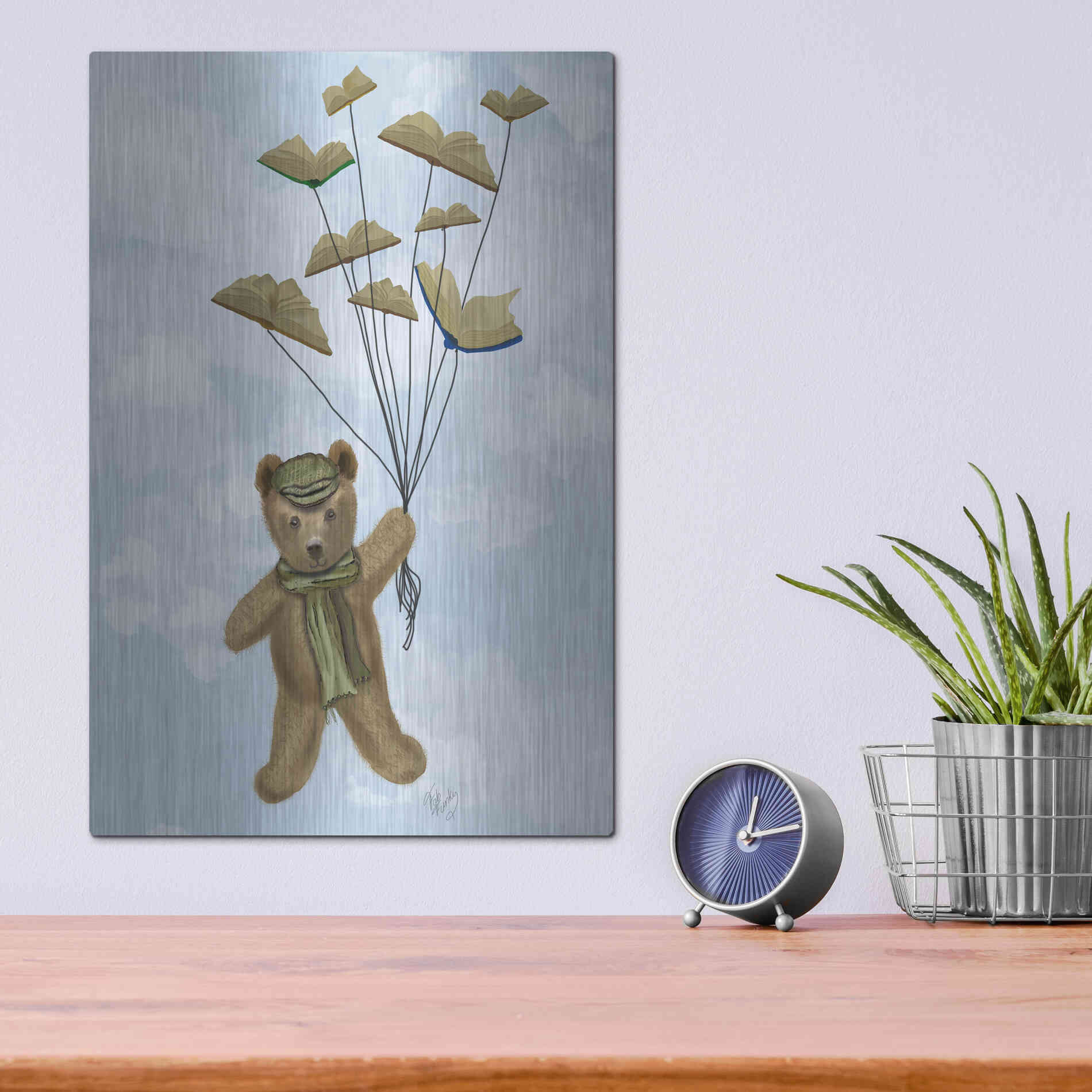 Luxe Metal Art 'Bear with Book Butterflies' by Fab Funky Metal Wall Art,12x16