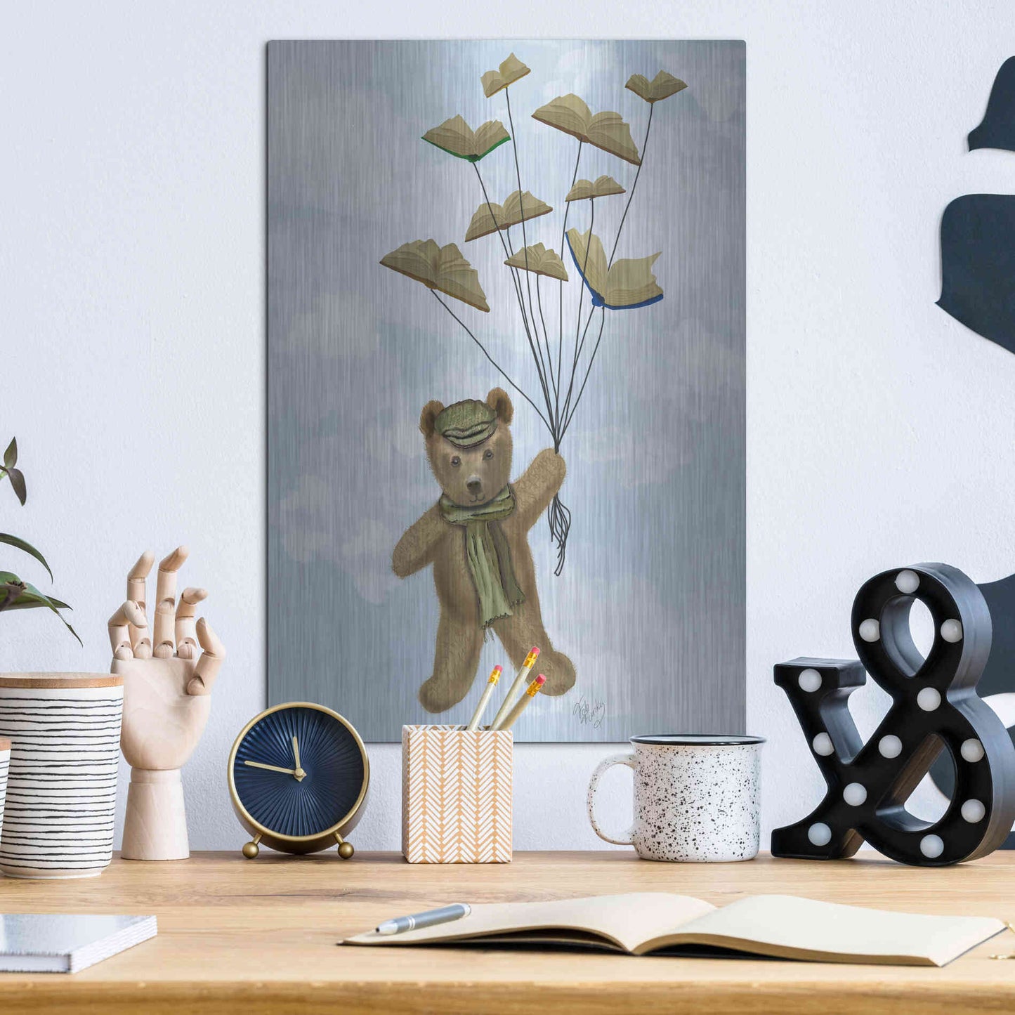 Luxe Metal Art 'Bear with Book Butterflies' by Fab Funky Metal Wall Art,12x16