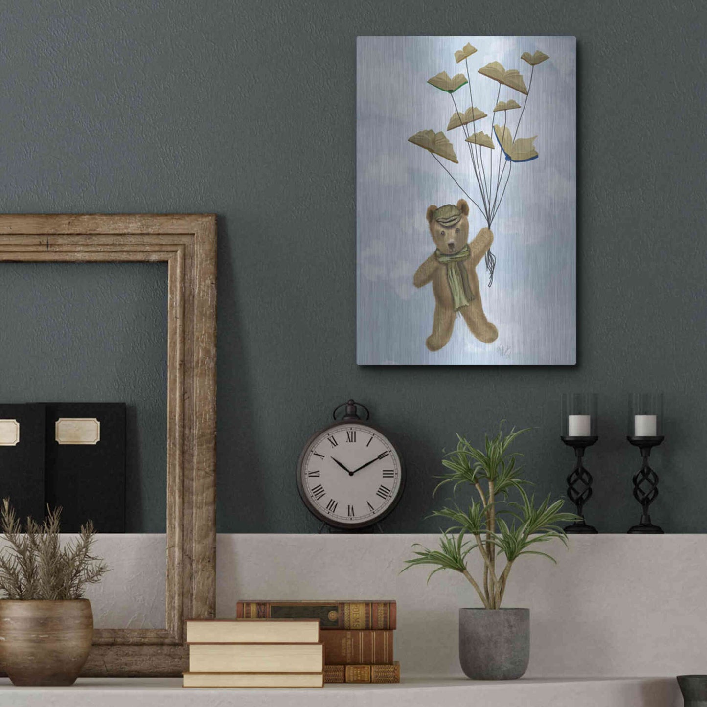 Luxe Metal Art 'Bear with Book Butterflies' by Fab Funky Metal Wall Art,12x16