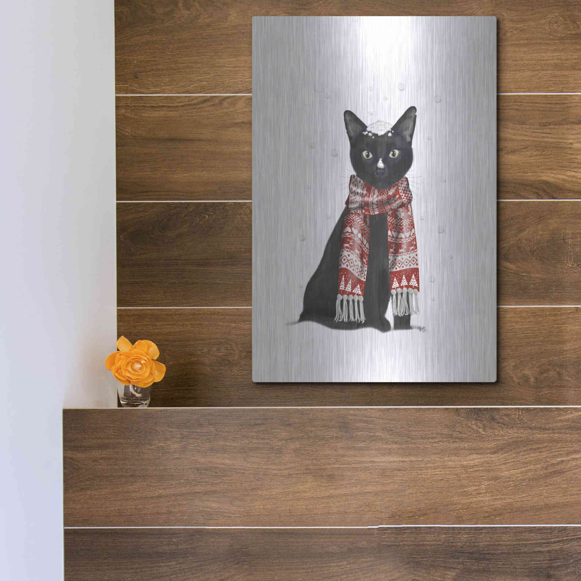 Luxe Metal Art 'Black Cat, Red Scarf' by Fab Funky Metal Wall Art,12x16