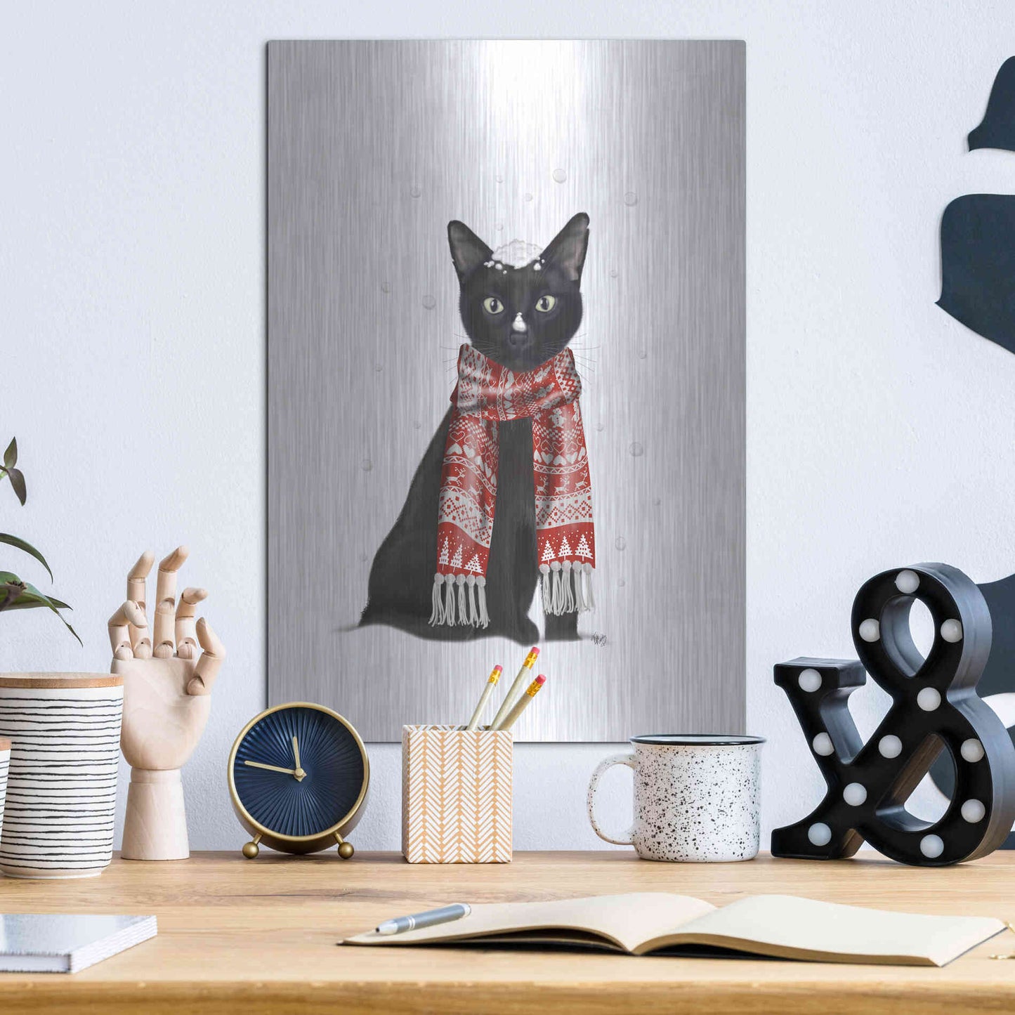 Luxe Metal Art 'Black Cat, Red Scarf' by Fab Funky Metal Wall Art,12x16