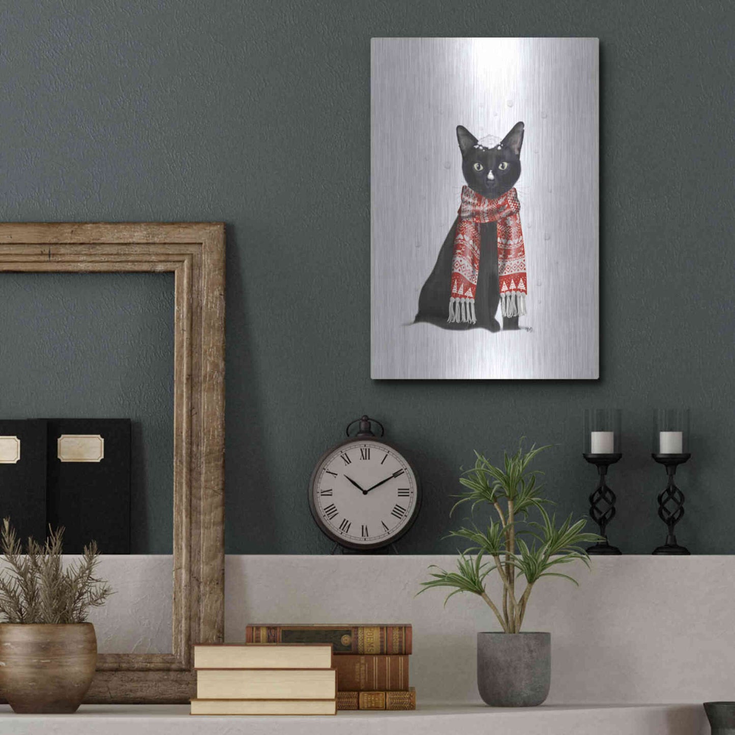 Luxe Metal Art 'Black Cat, Red Scarf' by Fab Funky Metal Wall Art,12x16