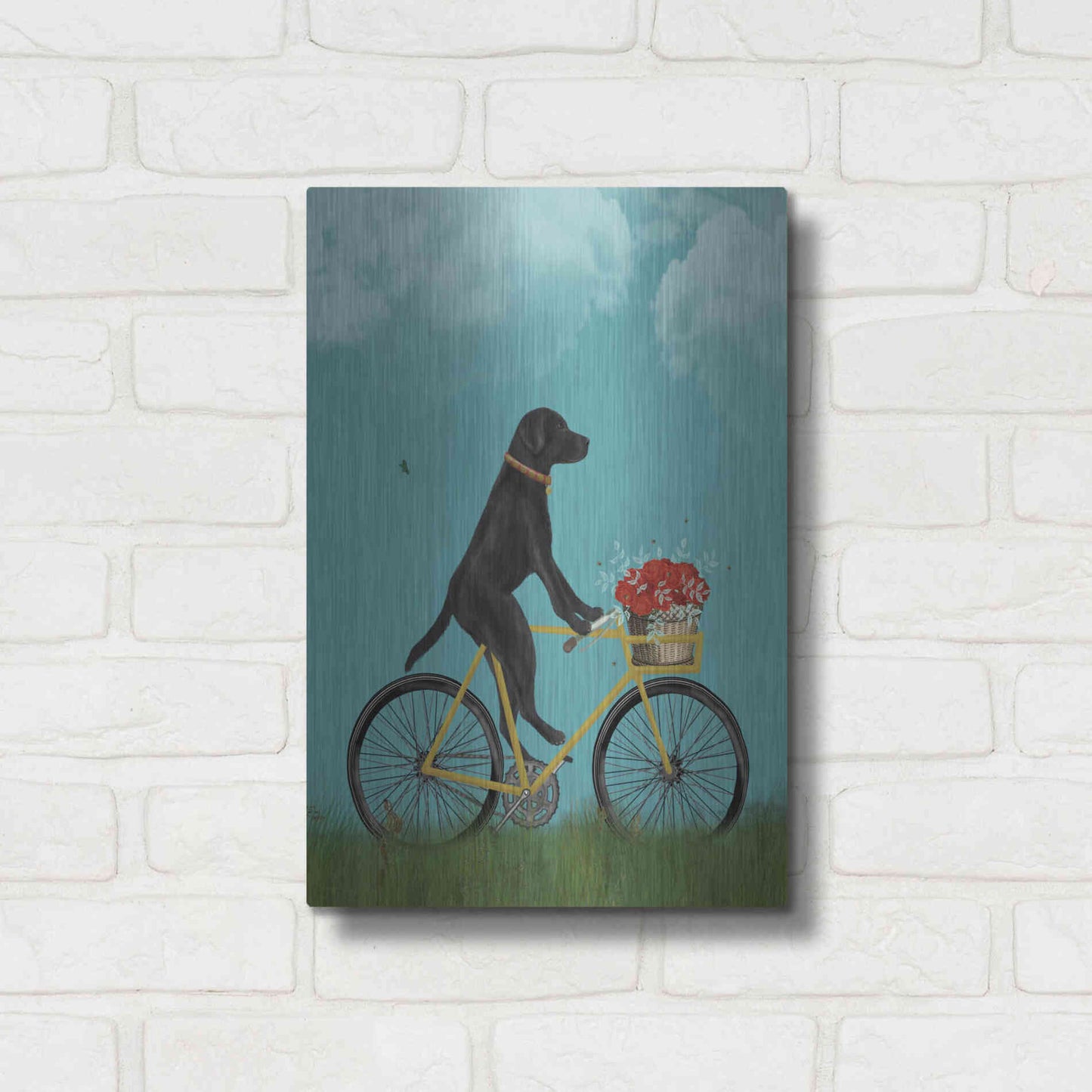 Luxe Metal Art 'Black Labrador on Bicycle - Sky' by Fab Funky Metal Wall Art,12x16