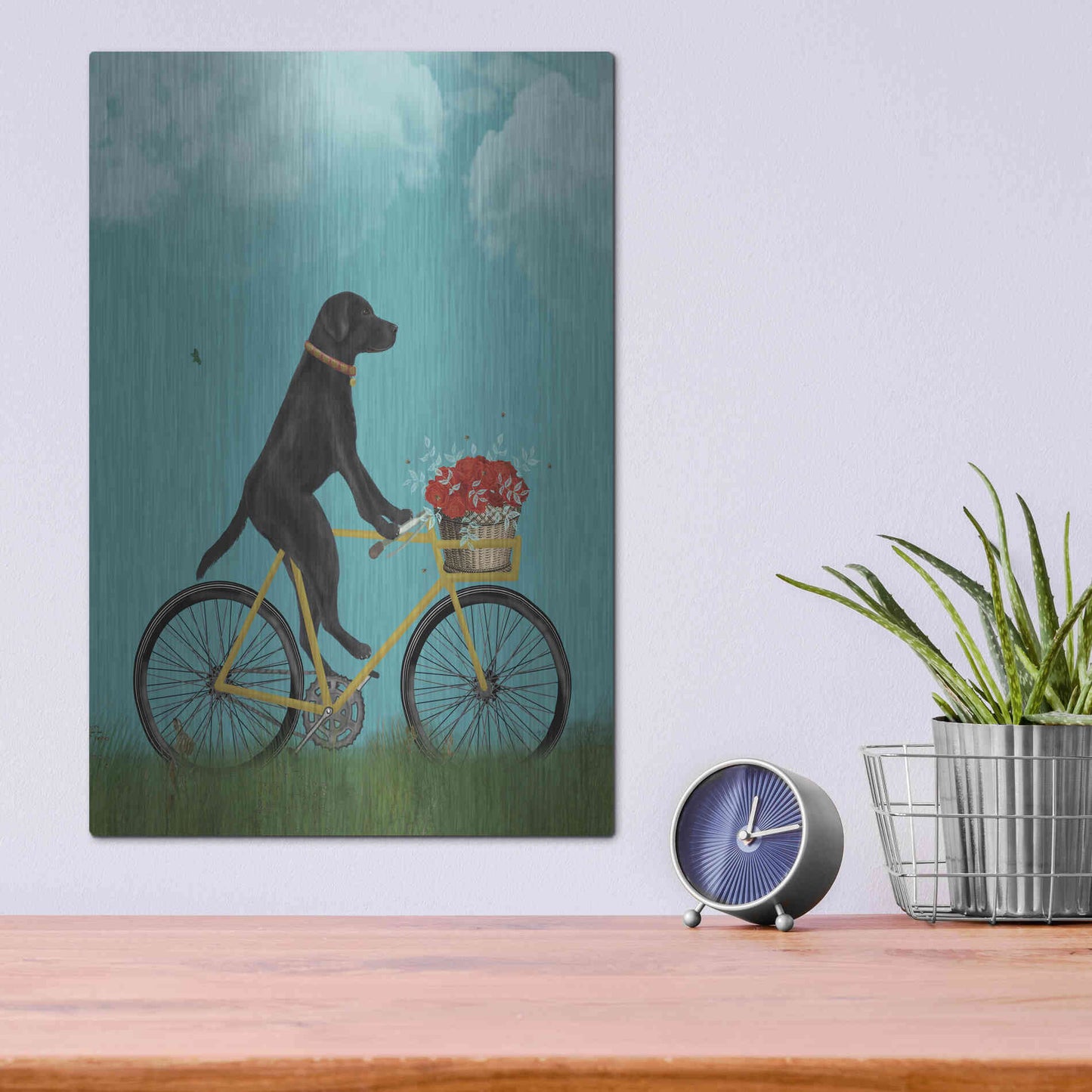 Luxe Metal Art 'Black Labrador on Bicycle - Sky' by Fab Funky Metal Wall Art,12x16