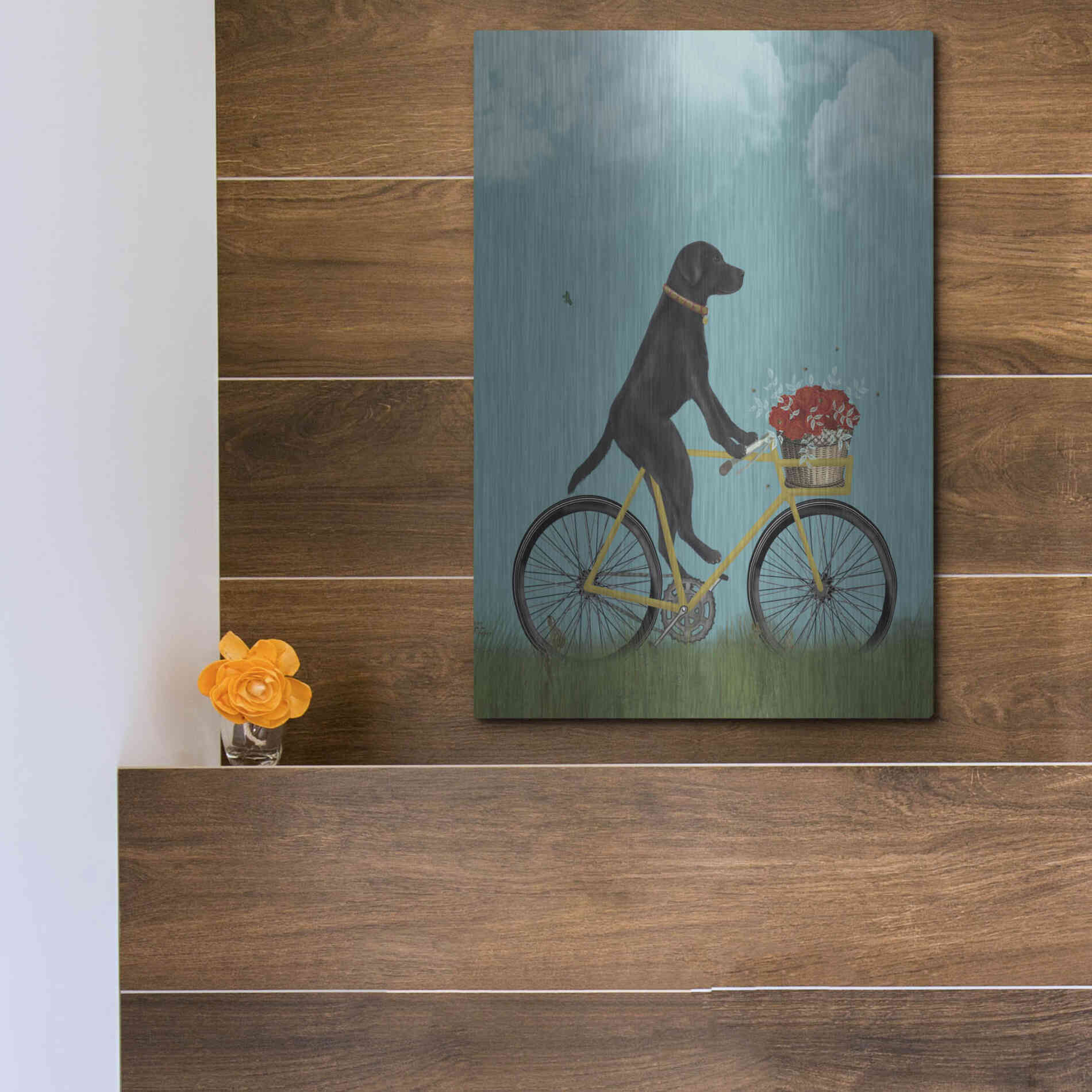 Luxe Metal Art 'Black Labrador on Bicycle - Sky' by Fab Funky Metal Wall Art,12x16