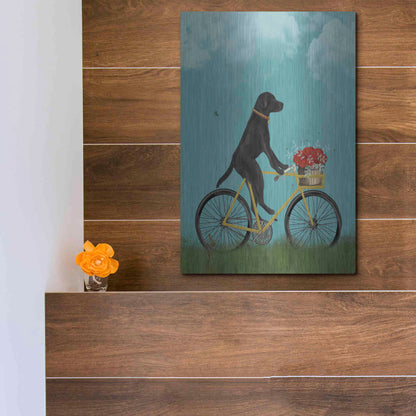 Luxe Metal Art 'Black Labrador on Bicycle - Sky' by Fab Funky Metal Wall Art,12x16