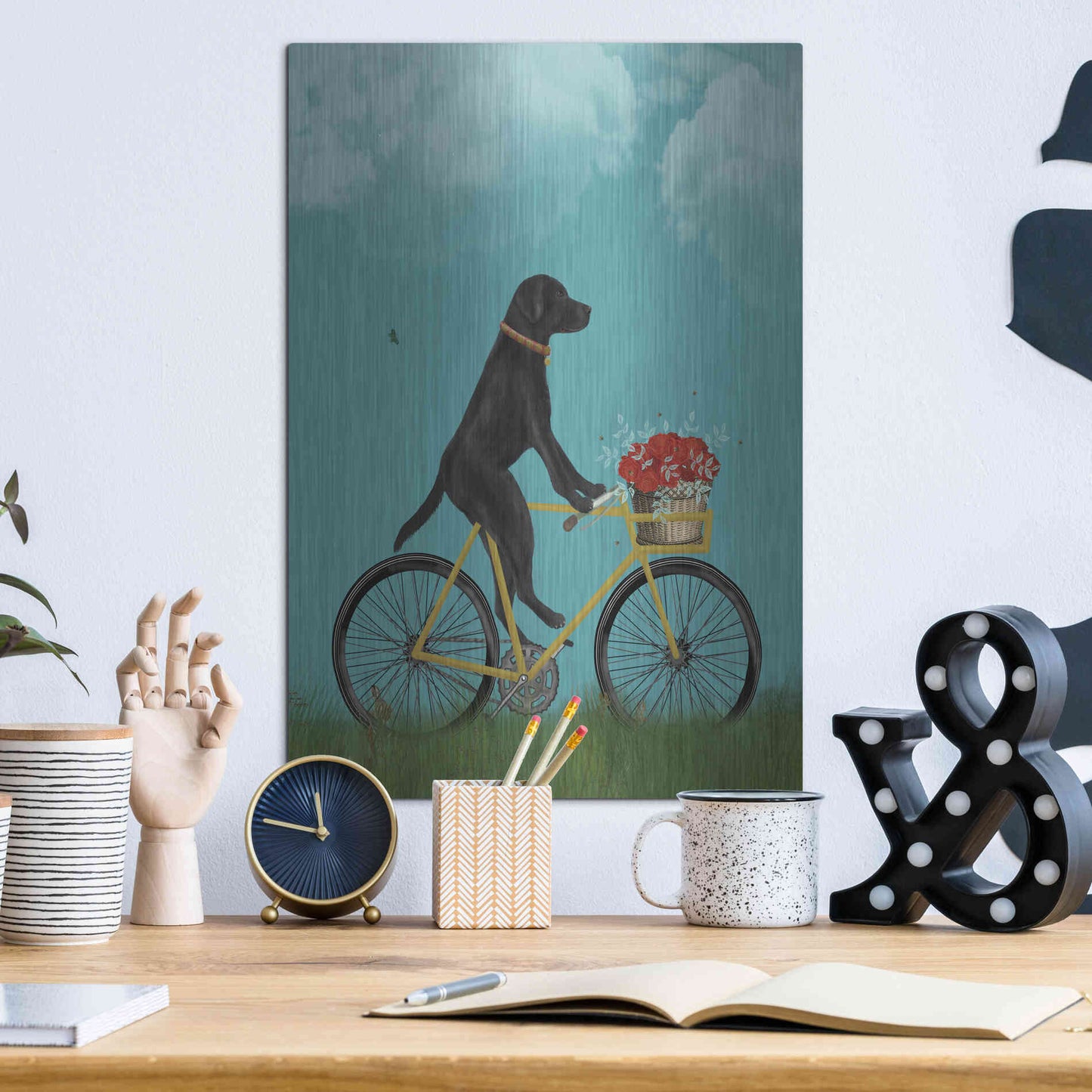 Luxe Metal Art 'Black Labrador on Bicycle - Sky' by Fab Funky Metal Wall Art,12x16