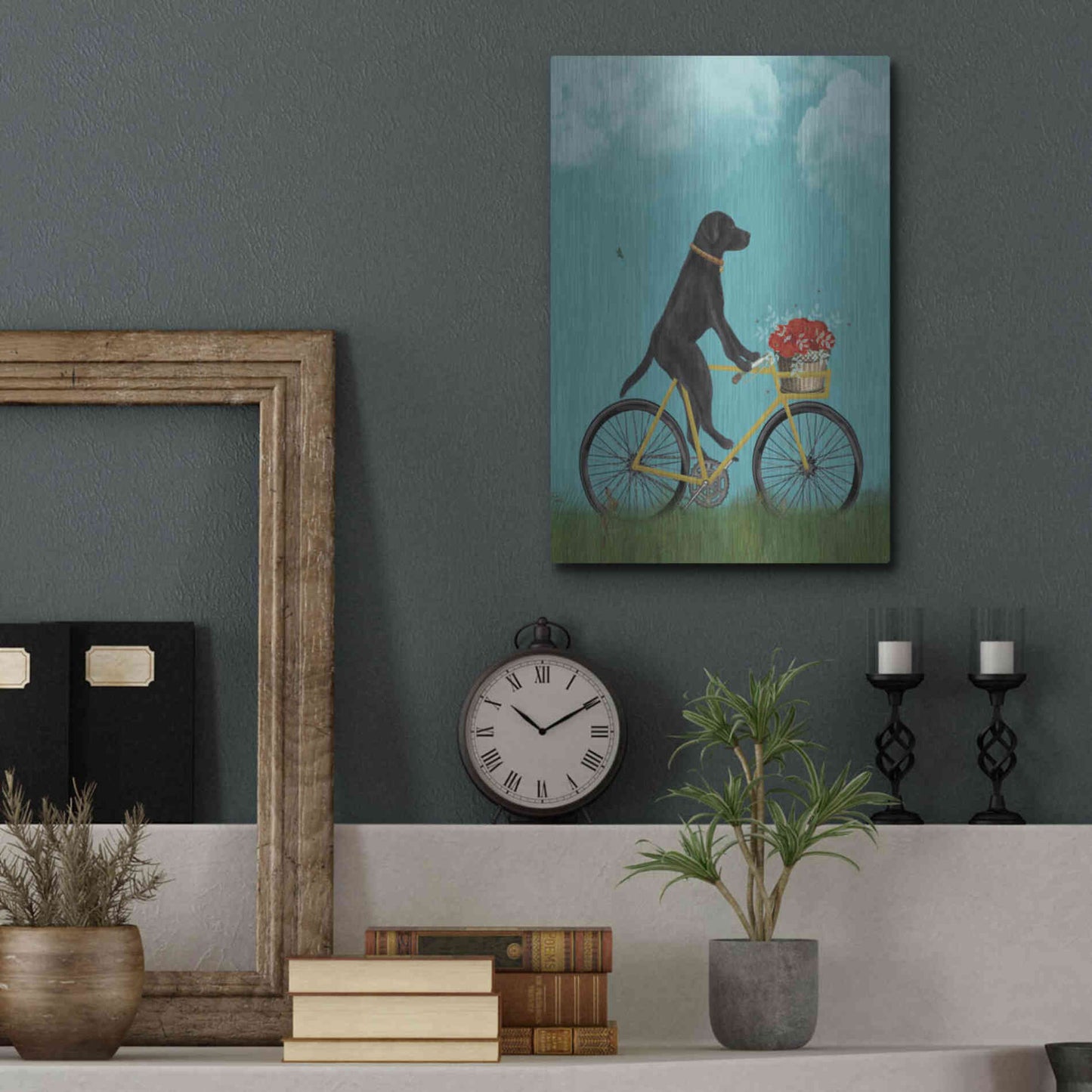 Luxe Metal Art 'Black Labrador on Bicycle - Sky' by Fab Funky Metal Wall Art,12x16