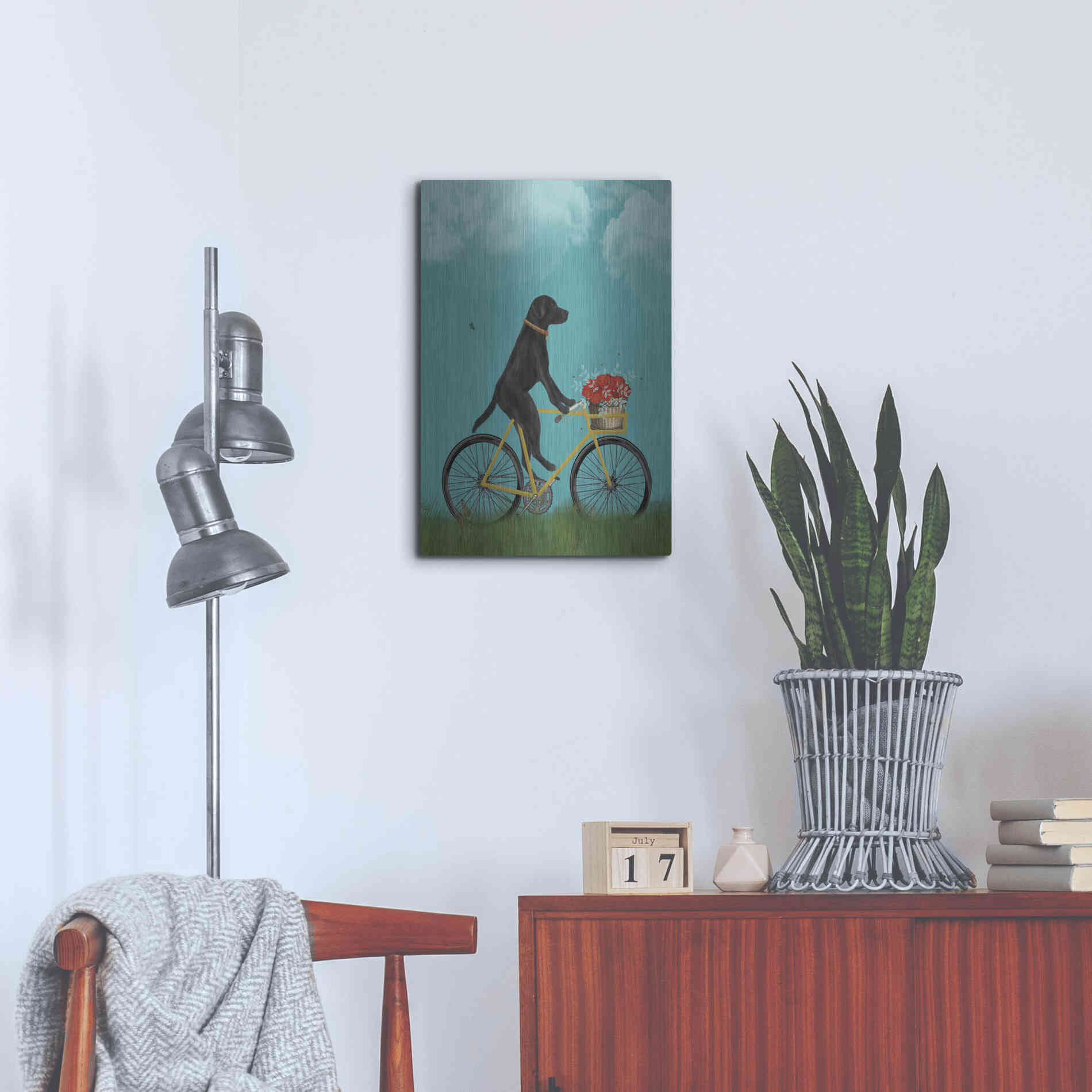 Luxe Metal Art 'Black Labrador on Bicycle - Sky' by Fab Funky Metal Wall Art,16x24