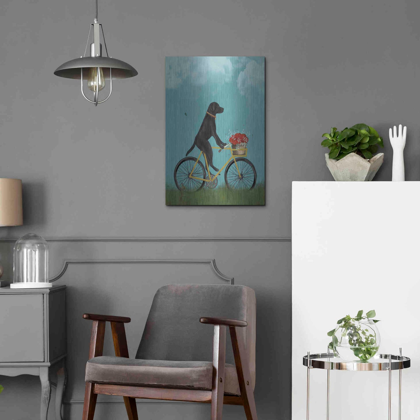 Luxe Metal Art 'Black Labrador on Bicycle - Sky' by Fab Funky Metal Wall Art,16x24