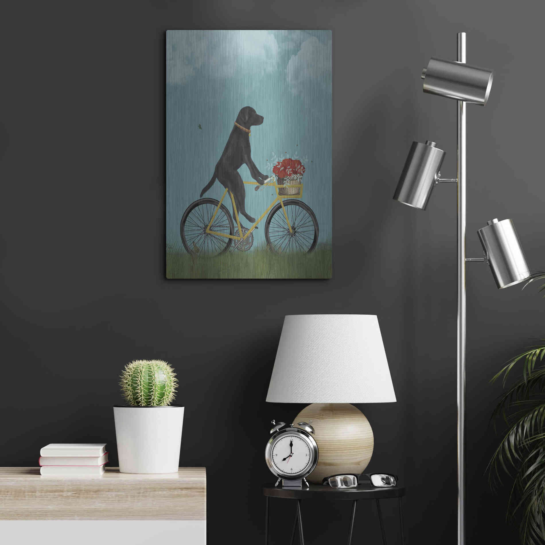 Luxe Metal Art 'Black Labrador on Bicycle - Sky' by Fab Funky Metal Wall Art,16x24