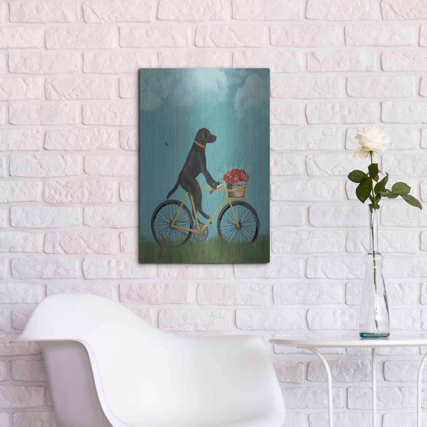 Luxe Metal Art 'Black Labrador on Bicycle - Sky' by Fab Funky Metal Wall Art,16x24