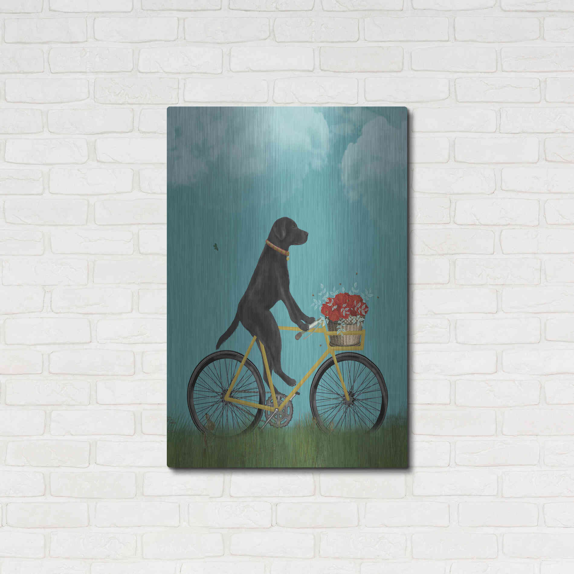 Luxe Metal Art 'Black Labrador on Bicycle - Sky' by Fab Funky Metal Wall Art,24x36