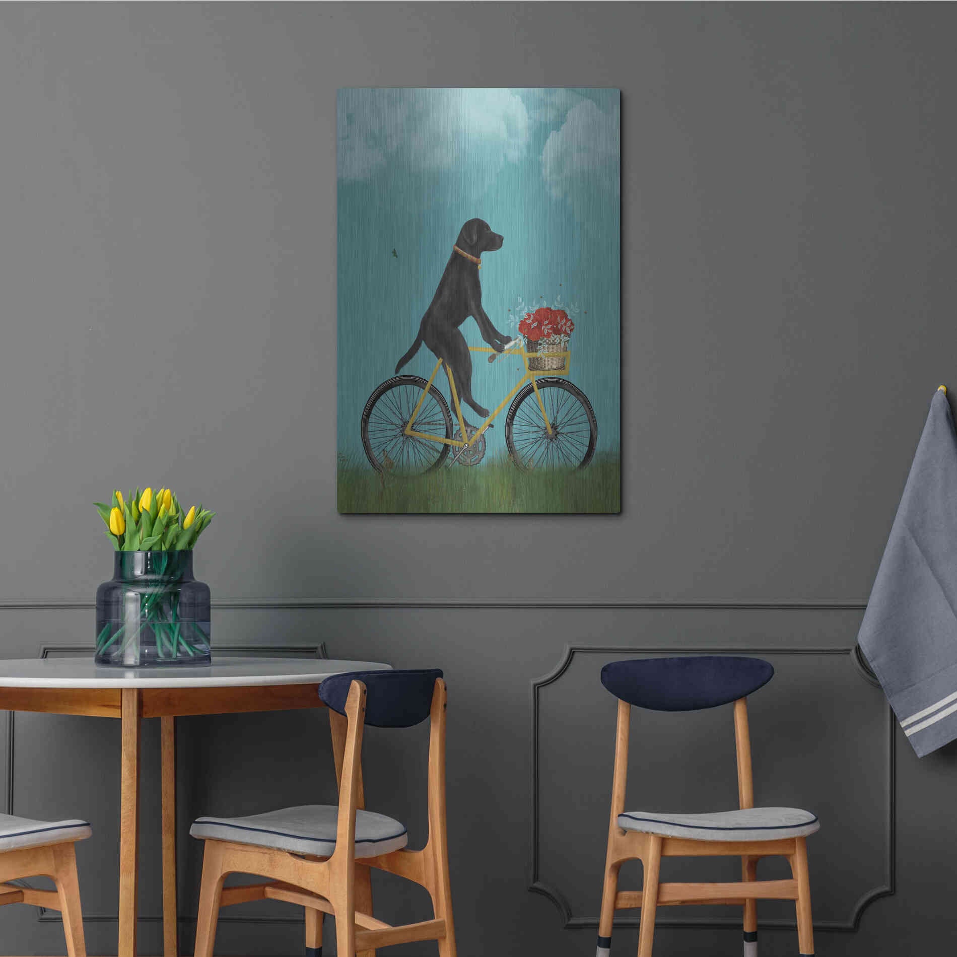 Luxe Metal Art 'Black Labrador on Bicycle - Sky' by Fab Funky Metal Wall Art,24x36