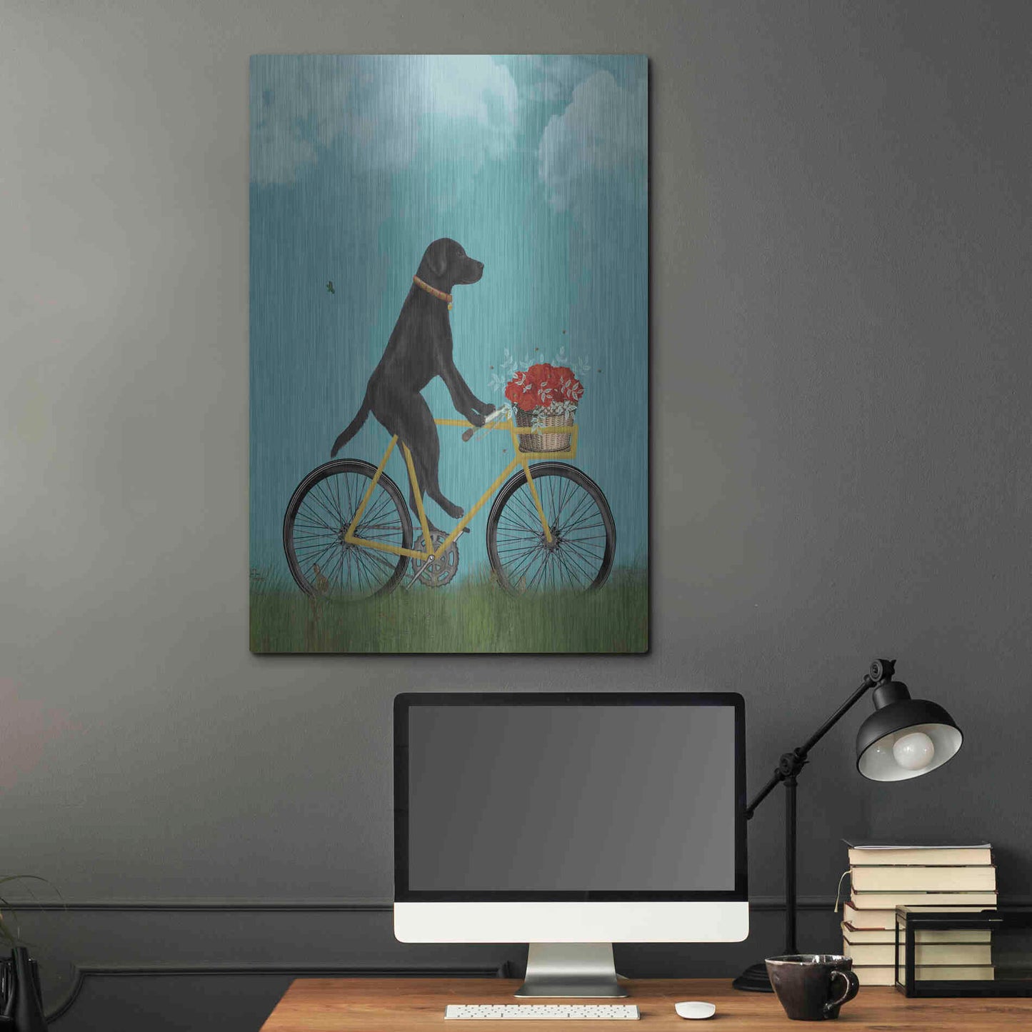 Luxe Metal Art 'Black Labrador on Bicycle - Sky' by Fab Funky Metal Wall Art,24x36