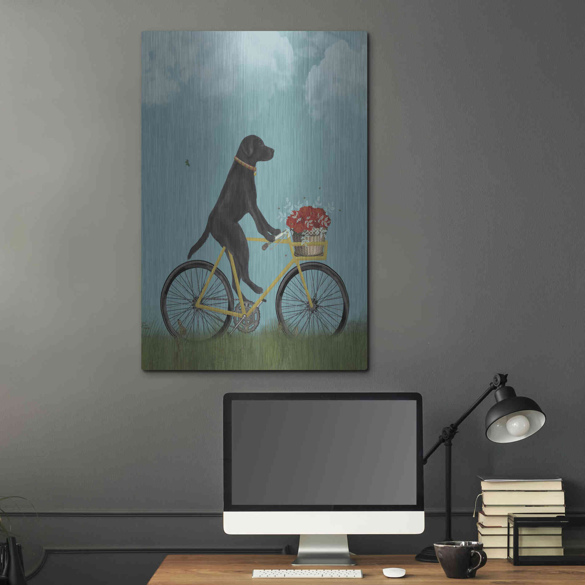 Luxe Metal Art 'Black Labrador on Bicycle - Sky' by Fab Funky Metal Wall Art,24x36