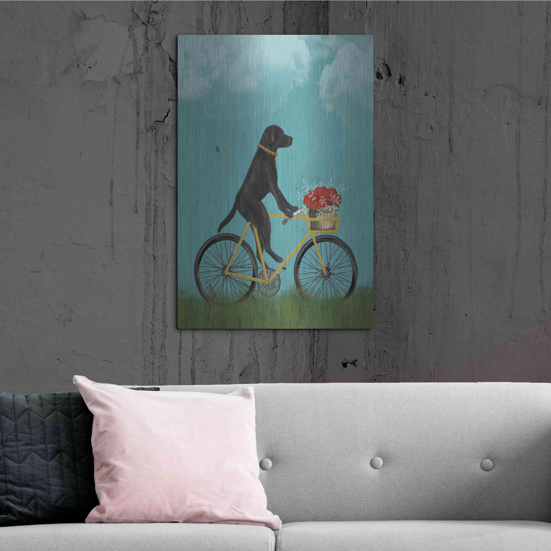 Luxe Metal Art 'Black Labrador on Bicycle - Sky' by Fab Funky Metal Wall Art,24x36