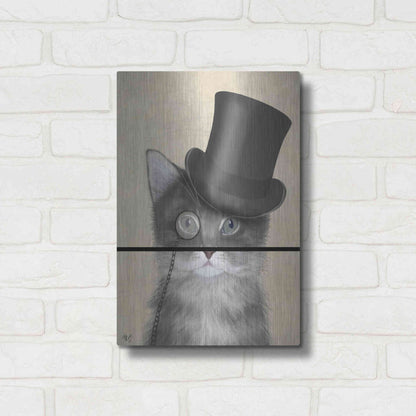 Luxe Metal Art 'Cat, Grey with Top Hat' by Fab Funky Metal Wall Art,12x16