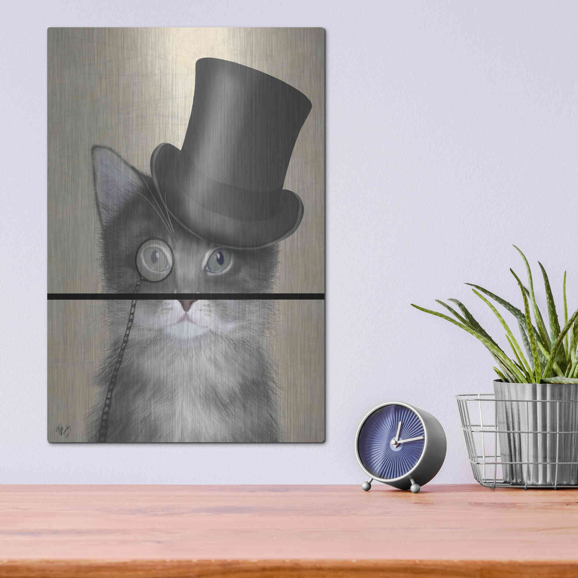 Luxe Metal Art 'Cat, Grey with Top Hat' by Fab Funky Metal Wall Art,12x16