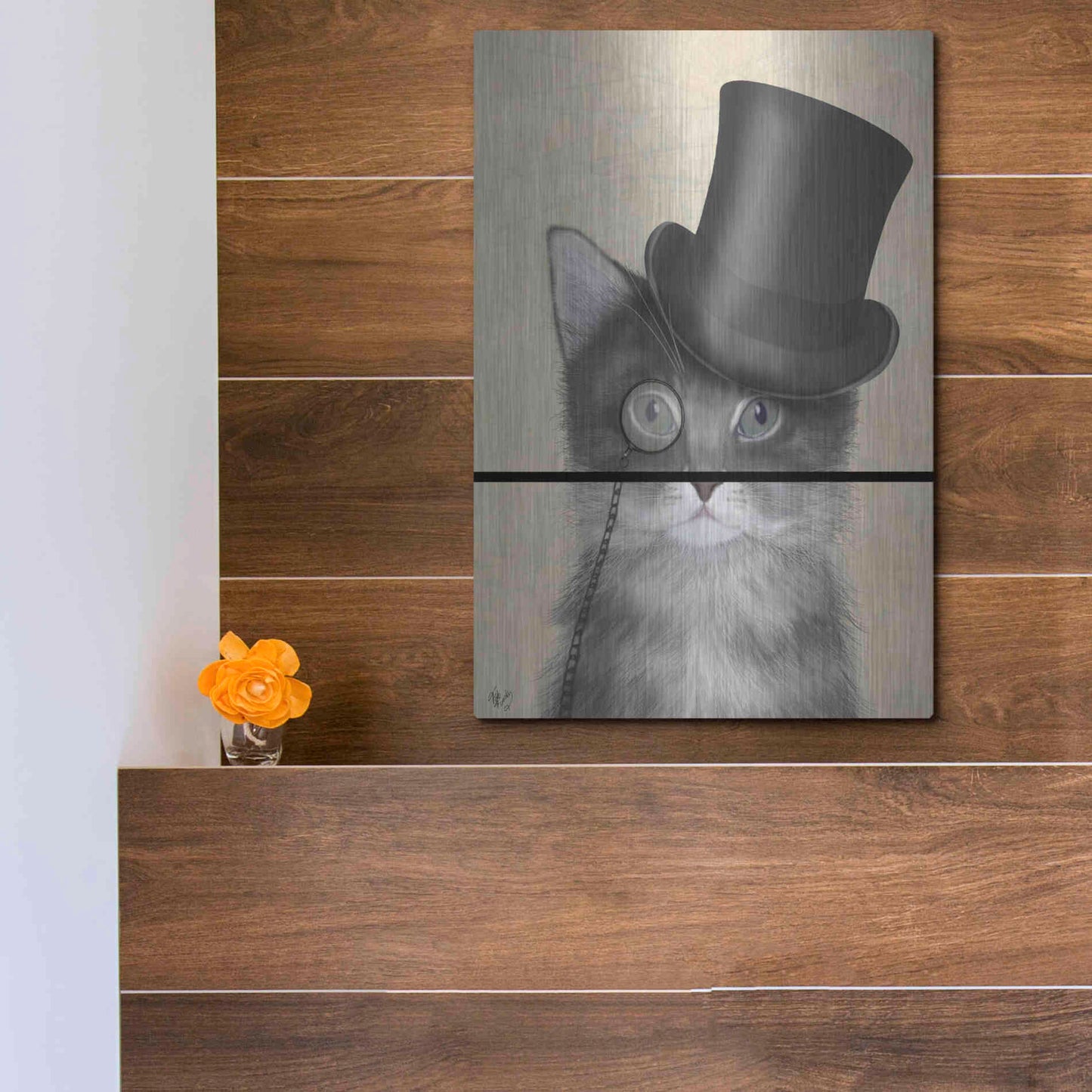 Luxe Metal Art 'Cat, Grey with Top Hat' by Fab Funky Metal Wall Art,12x16