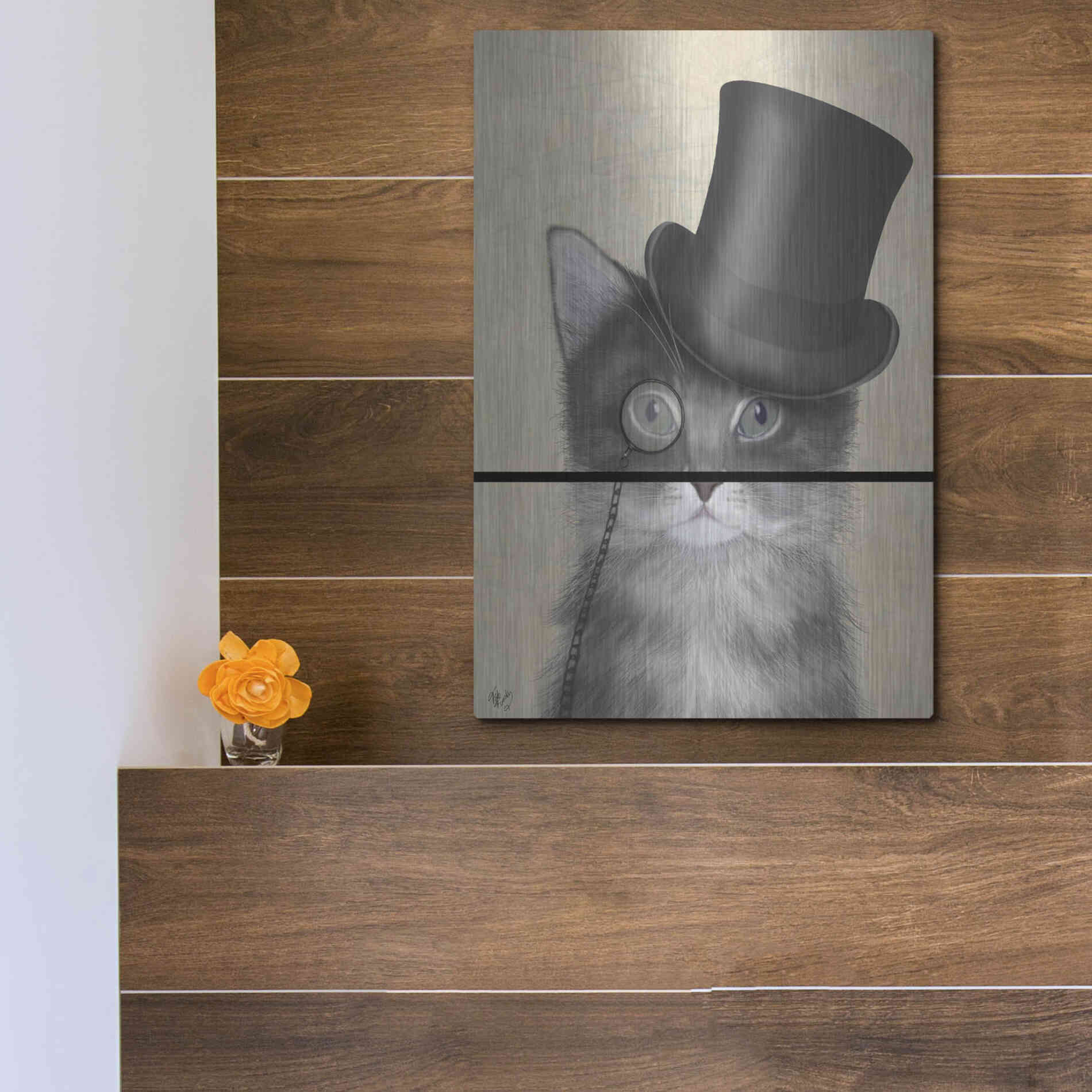 Luxe Metal Art 'Cat, Grey with Top Hat' by Fab Funky Metal Wall Art,12x16