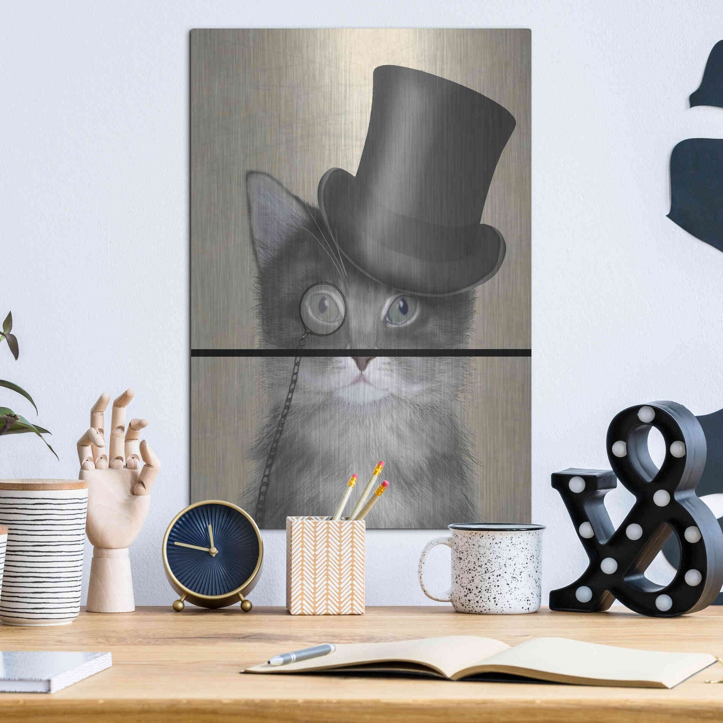 Luxe Metal Art 'Cat, Grey with Top Hat' by Fab Funky Metal Wall Art,12x16