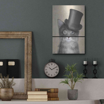 Luxe Metal Art 'Cat, Grey with Top Hat' by Fab Funky Metal Wall Art,12x16