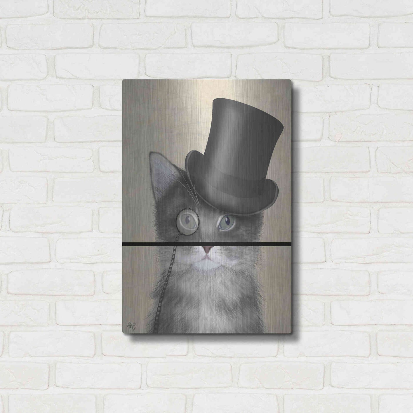 Luxe Metal Art 'Cat, Grey with Top Hat' by Fab Funky Metal Wall Art,16x24