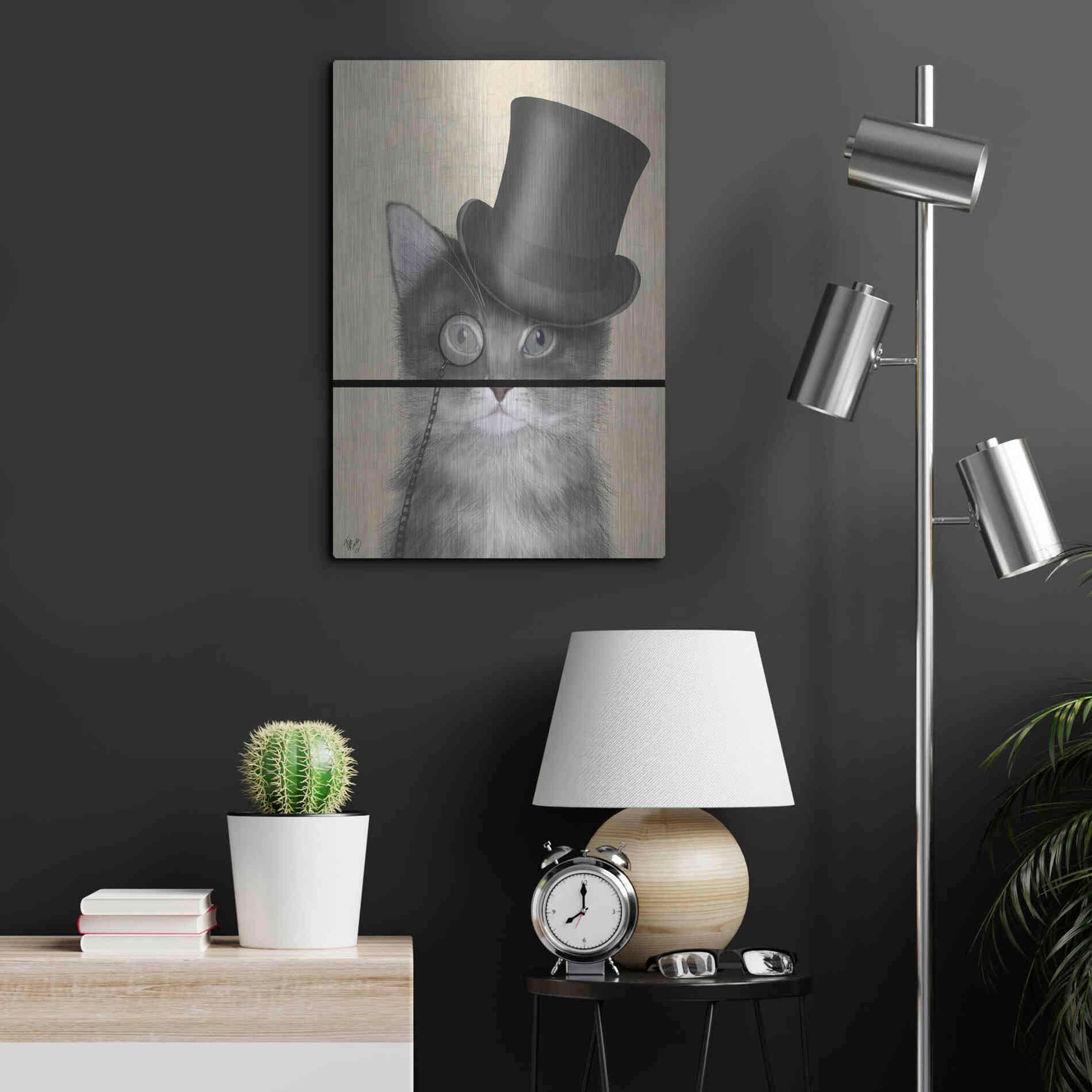 Luxe Metal Art 'Cat, Grey with Top Hat' by Fab Funky Metal Wall Art,16x24