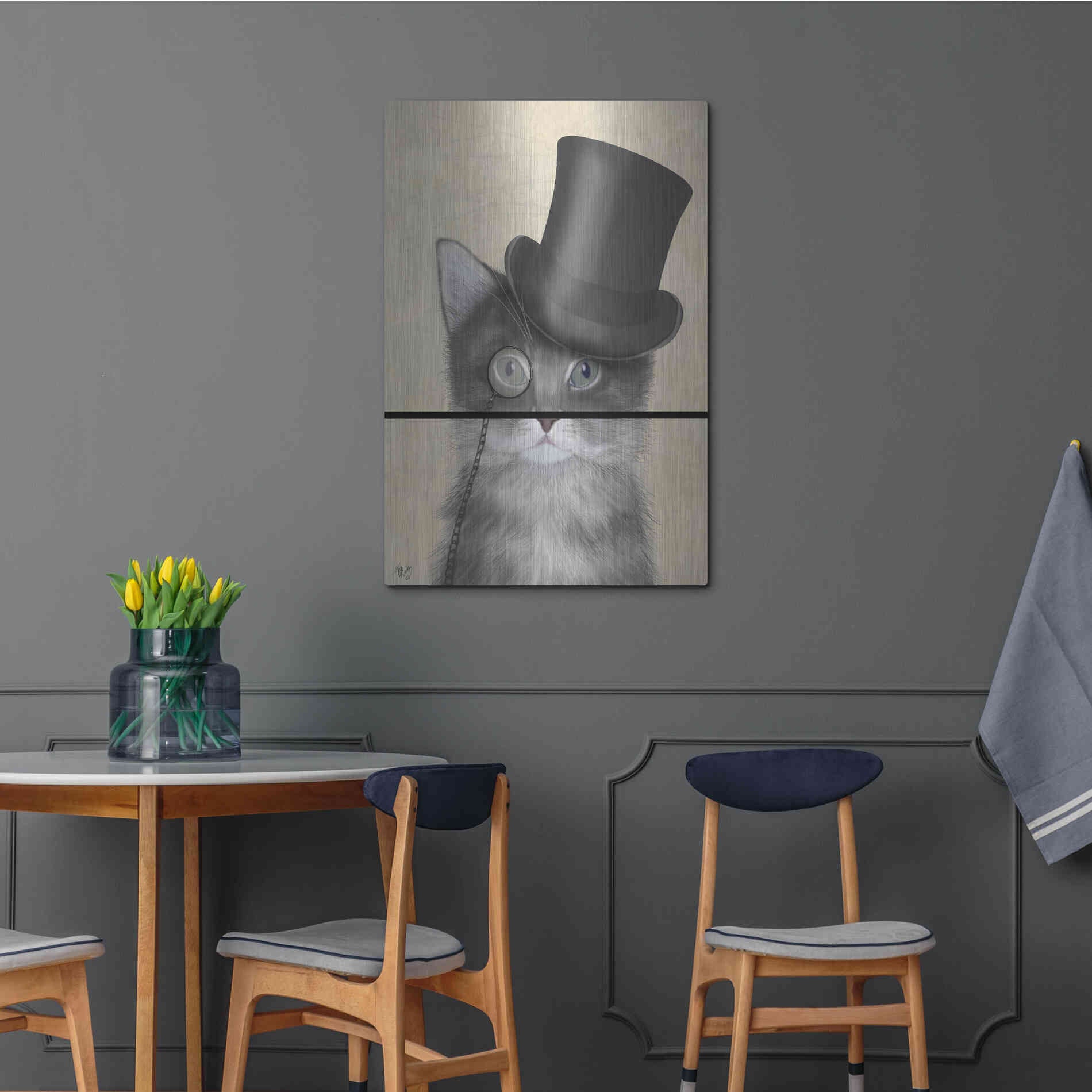 Luxe Metal Art 'Cat, Grey with Top Hat' by Fab Funky Metal Wall Art,24x36