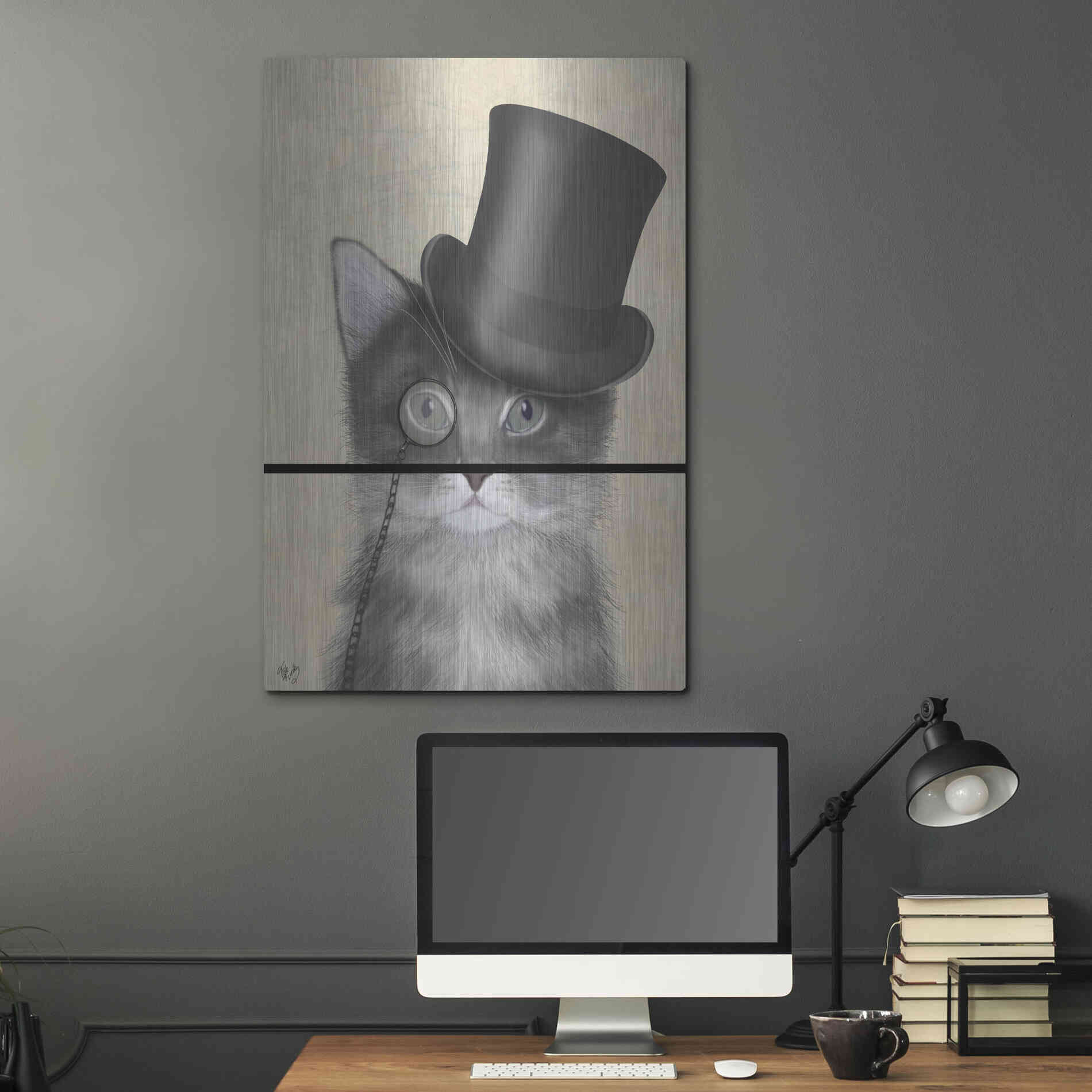 Luxe Metal Art 'Cat, Grey with Top Hat' by Fab Funky Metal Wall Art,24x36