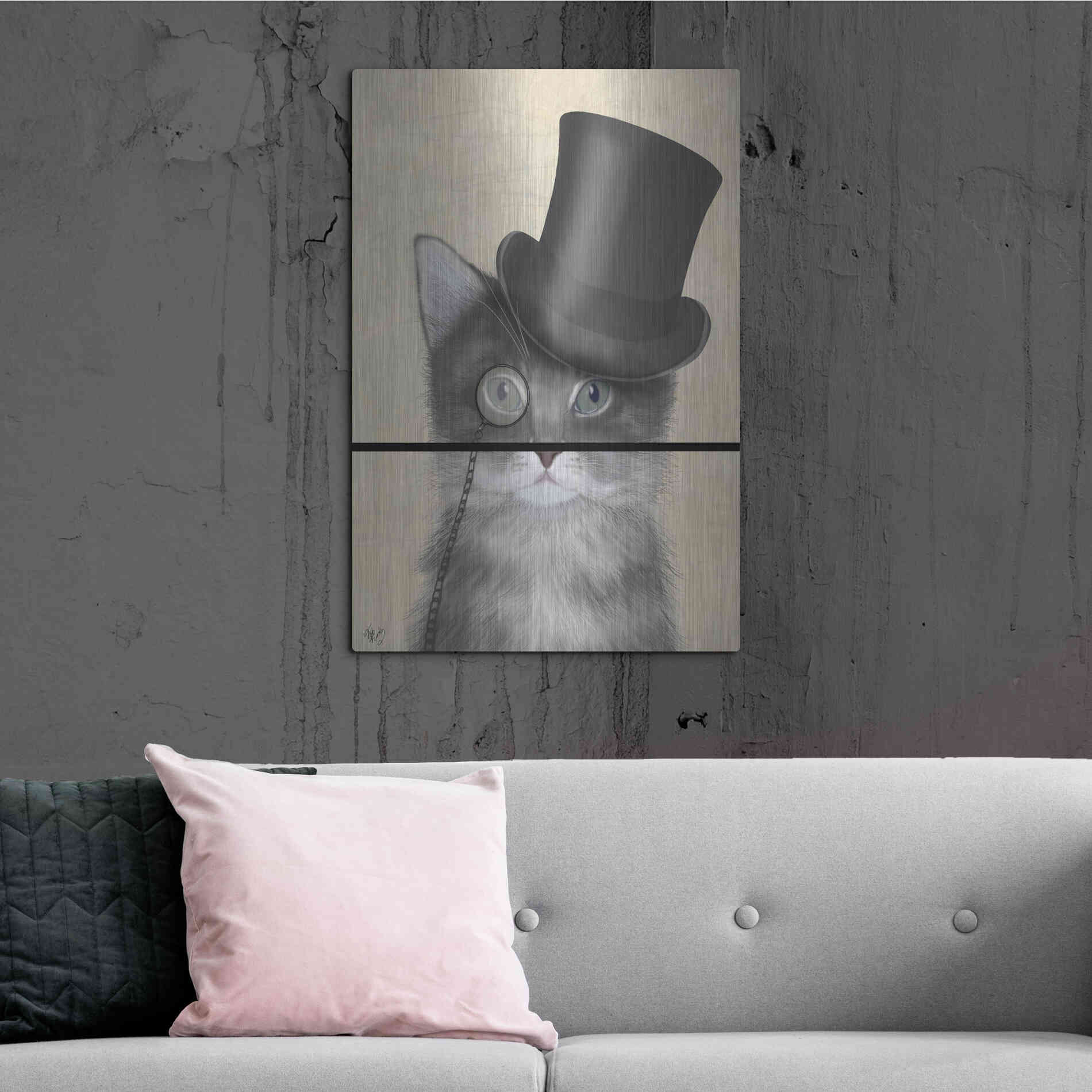 Luxe Metal Art 'Cat, Grey with Top Hat' by Fab Funky Metal Wall Art,24x36