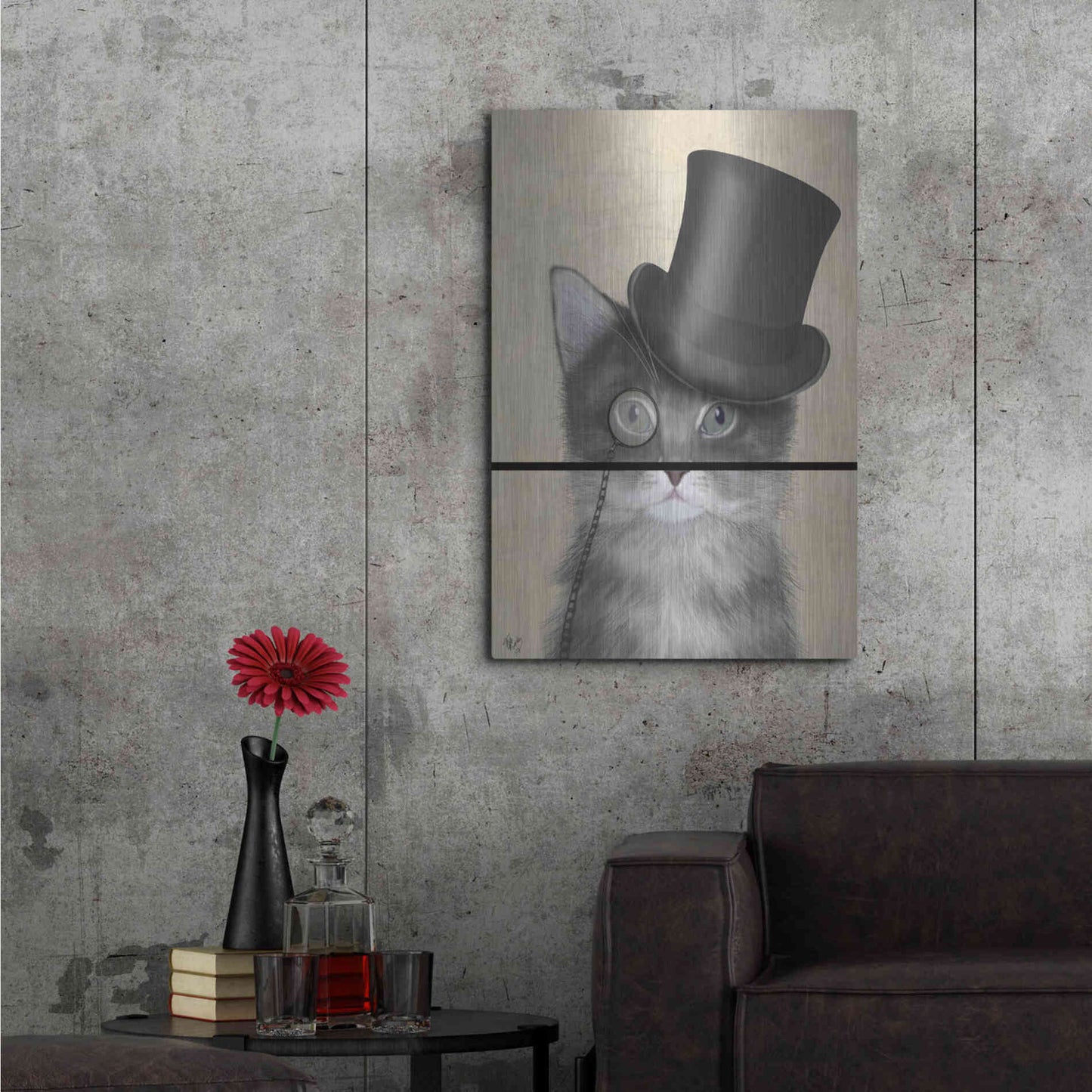 Luxe Metal Art 'Cat, Grey with Top Hat' by Fab Funky Metal Wall Art,24x36