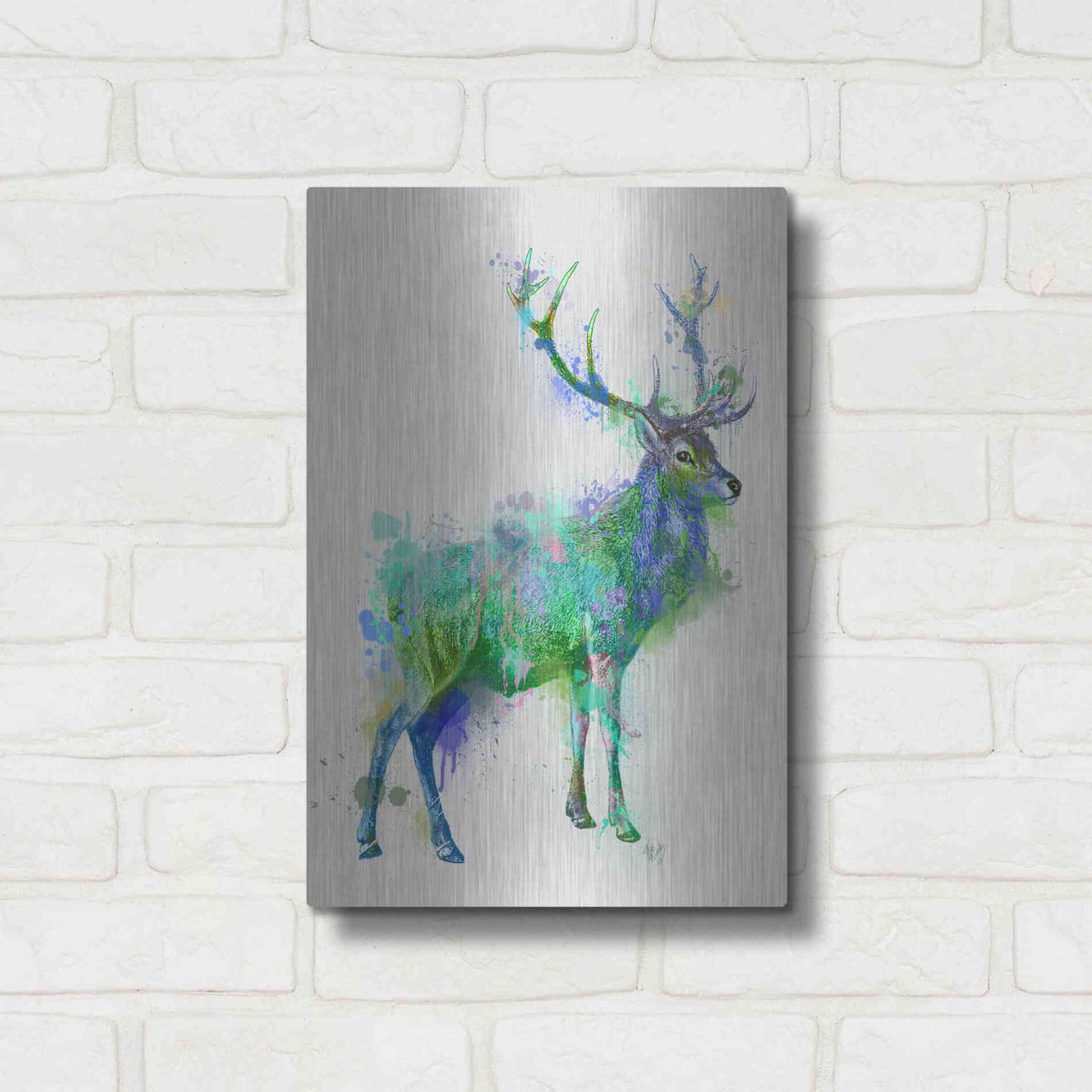 Luxe Metal Art 'Deer 1 Rainbow Splash Green Blue' by Fab Funky Metal Wall Art,12x16