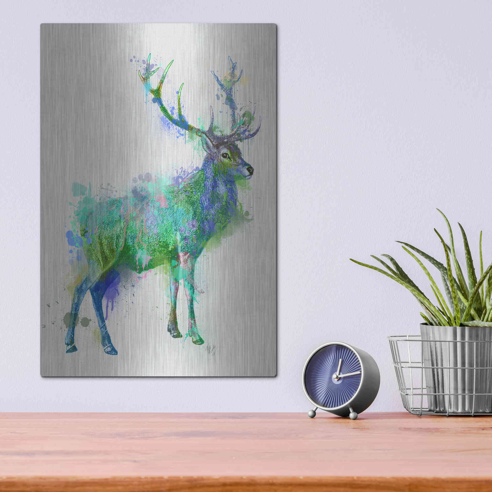 Luxe Metal Art 'Deer 1 Rainbow Splash Green Blue' by Fab Funky Metal Wall Art,12x16