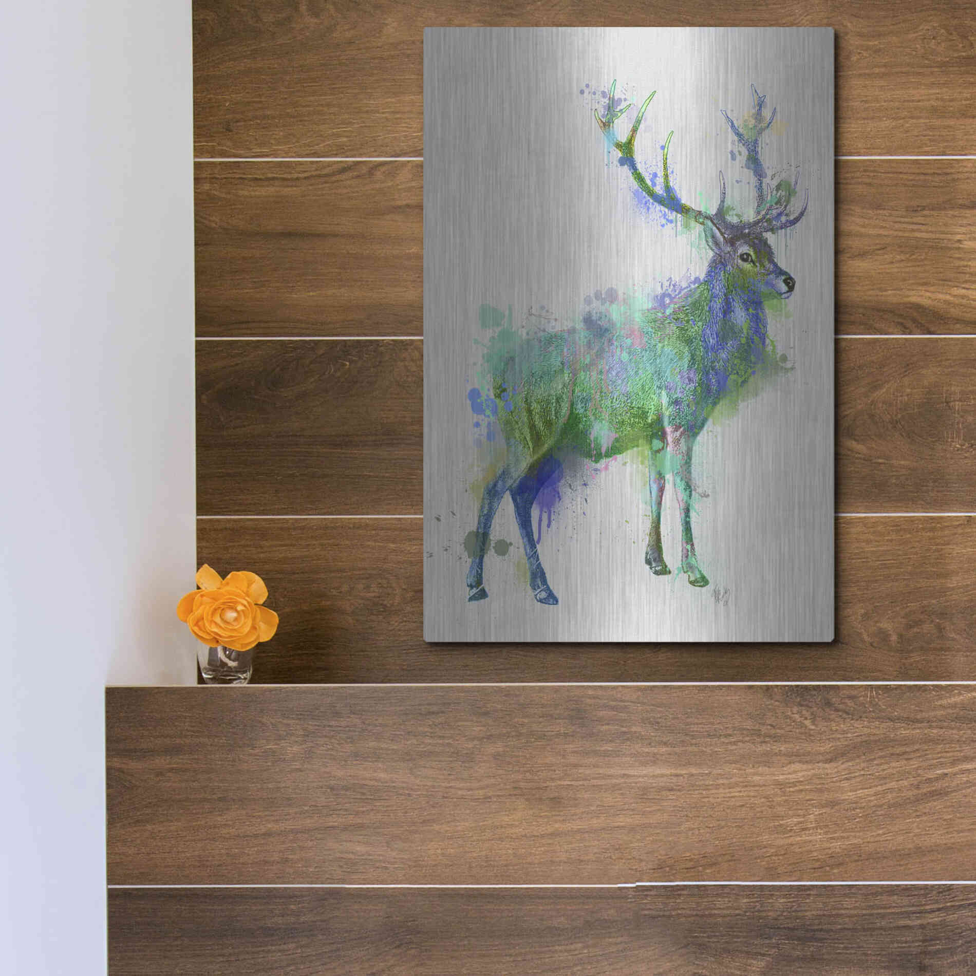 Luxe Metal Art 'Deer 1 Rainbow Splash Green Blue' by Fab Funky Metal Wall Art,12x16