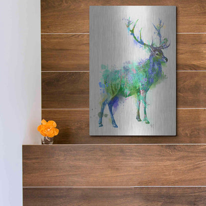 Luxe Metal Art 'Deer 1 Rainbow Splash Green Blue' by Fab Funky Metal Wall Art,12x16