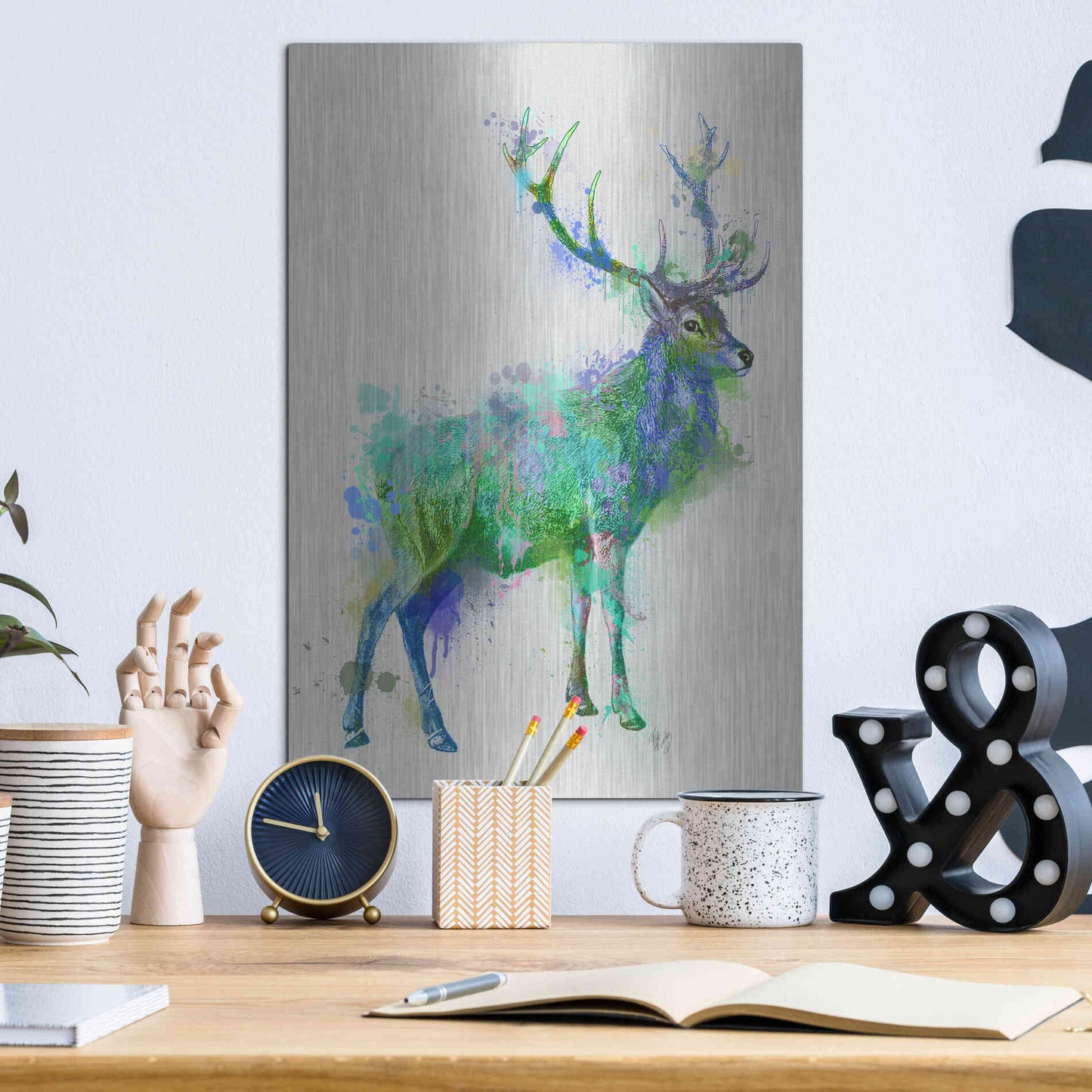 Luxe Metal Art 'Deer 1 Rainbow Splash Green Blue' by Fab Funky Metal Wall Art,12x16