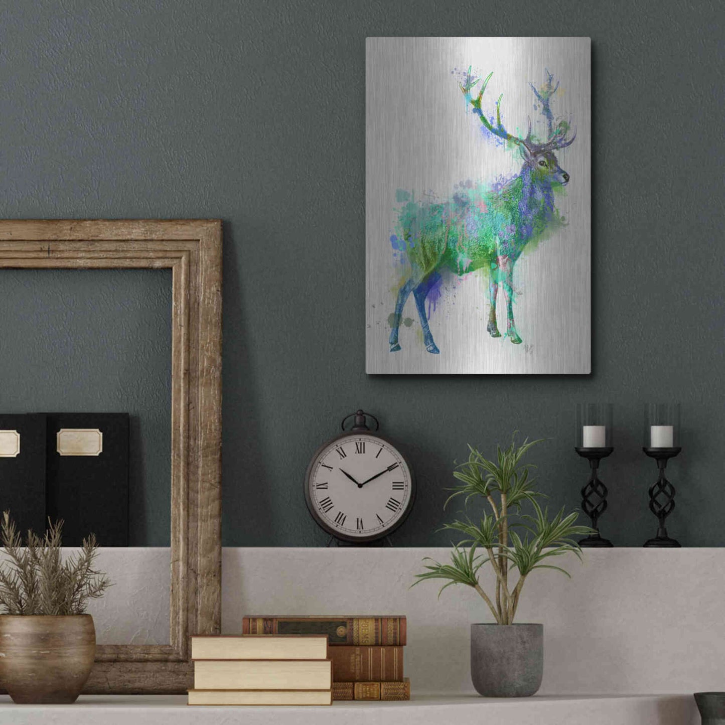 Luxe Metal Art 'Deer 1 Rainbow Splash Green Blue' by Fab Funky Metal Wall Art,12x16