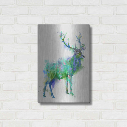 Luxe Metal Art 'Deer 1 Rainbow Splash Green Blue' by Fab Funky Metal Wall Art,16x24