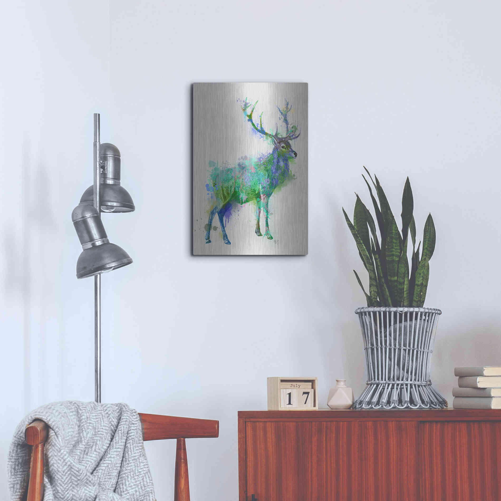 Luxe Metal Art 'Deer 1 Rainbow Splash Green Blue' by Fab Funky Metal Wall Art,16x24