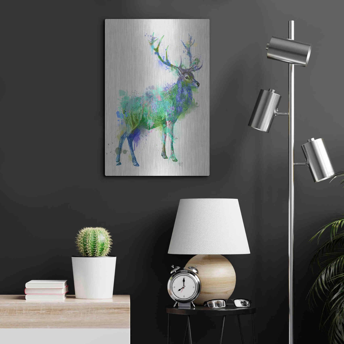 Luxe Metal Art 'Deer 1 Rainbow Splash Green Blue' by Fab Funky Metal Wall Art,16x24