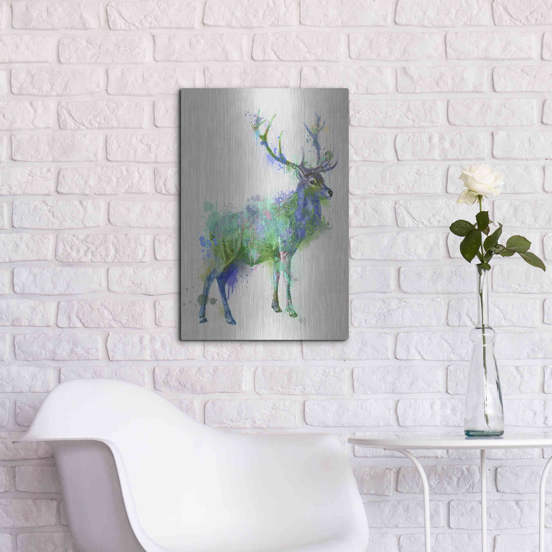 Luxe Metal Art 'Deer 1 Rainbow Splash Green Blue' by Fab Funky Metal Wall Art,16x24