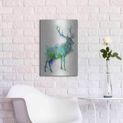 Luxe Metal Art 'Deer 1 Rainbow Splash Green Blue' by Fab Funky Metal Wall Art,16x24