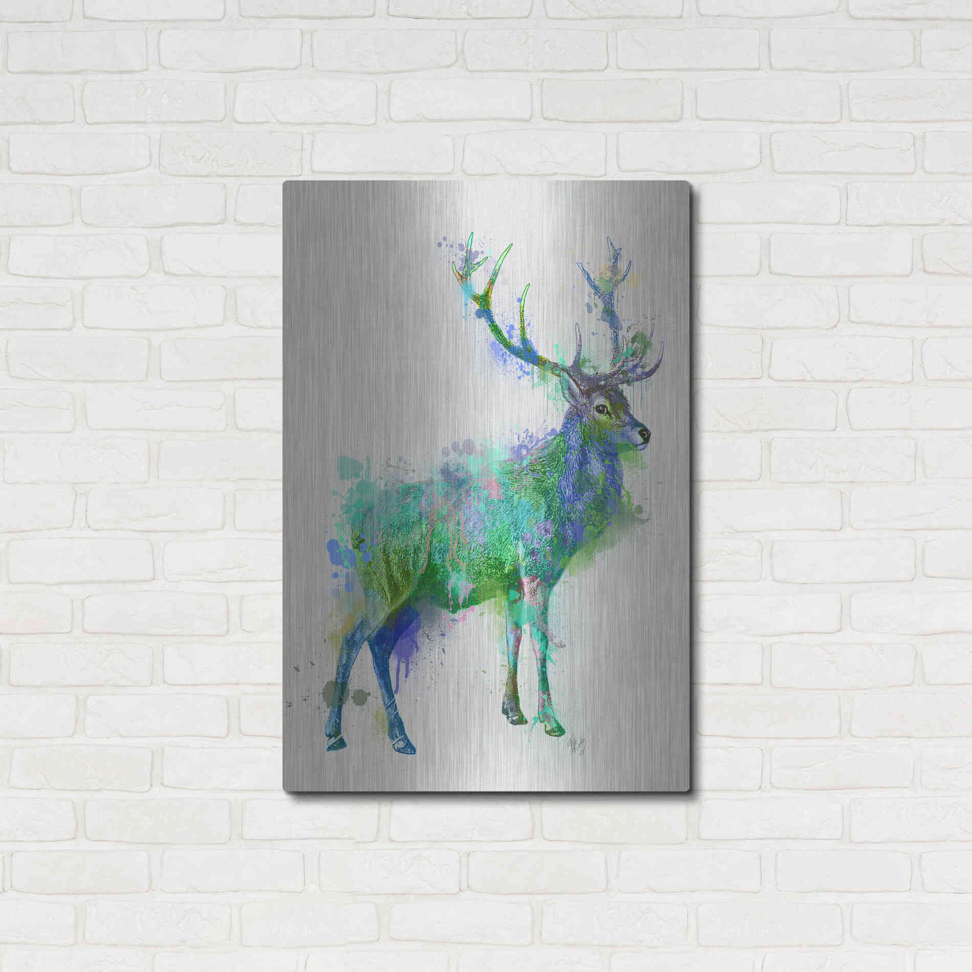 Luxe Metal Art 'Deer 1 Rainbow Splash Green Blue' by Fab Funky Metal Wall Art,24x36