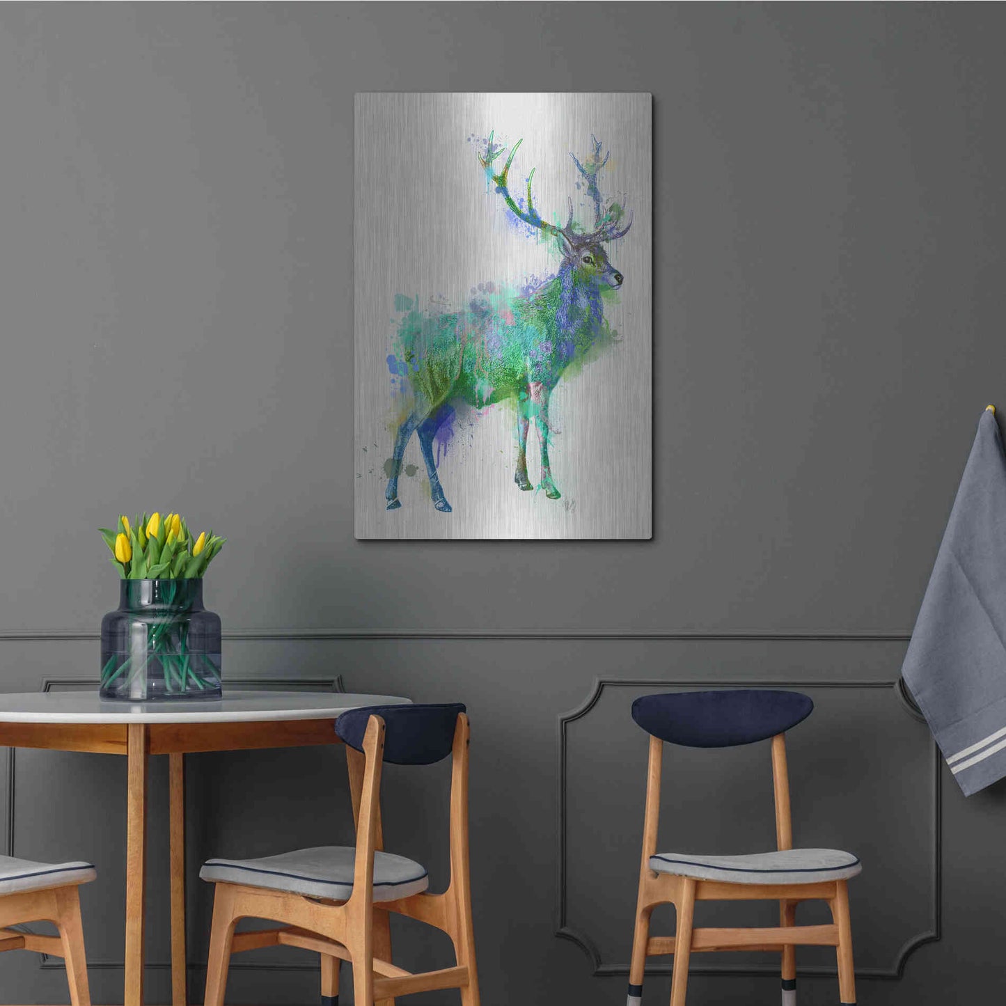 Luxe Metal Art 'Deer 1 Rainbow Splash Green Blue' by Fab Funky Metal Wall Art,24x36