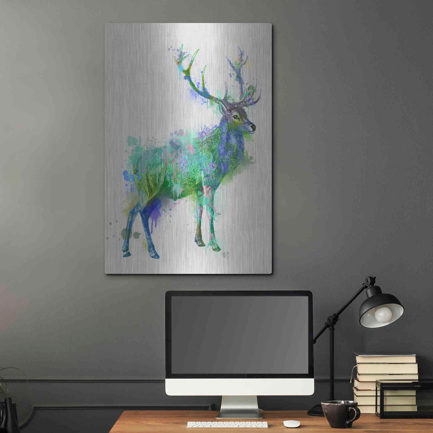 Luxe Metal Art 'Deer 1 Rainbow Splash Green Blue' by Fab Funky Metal Wall Art,24x36