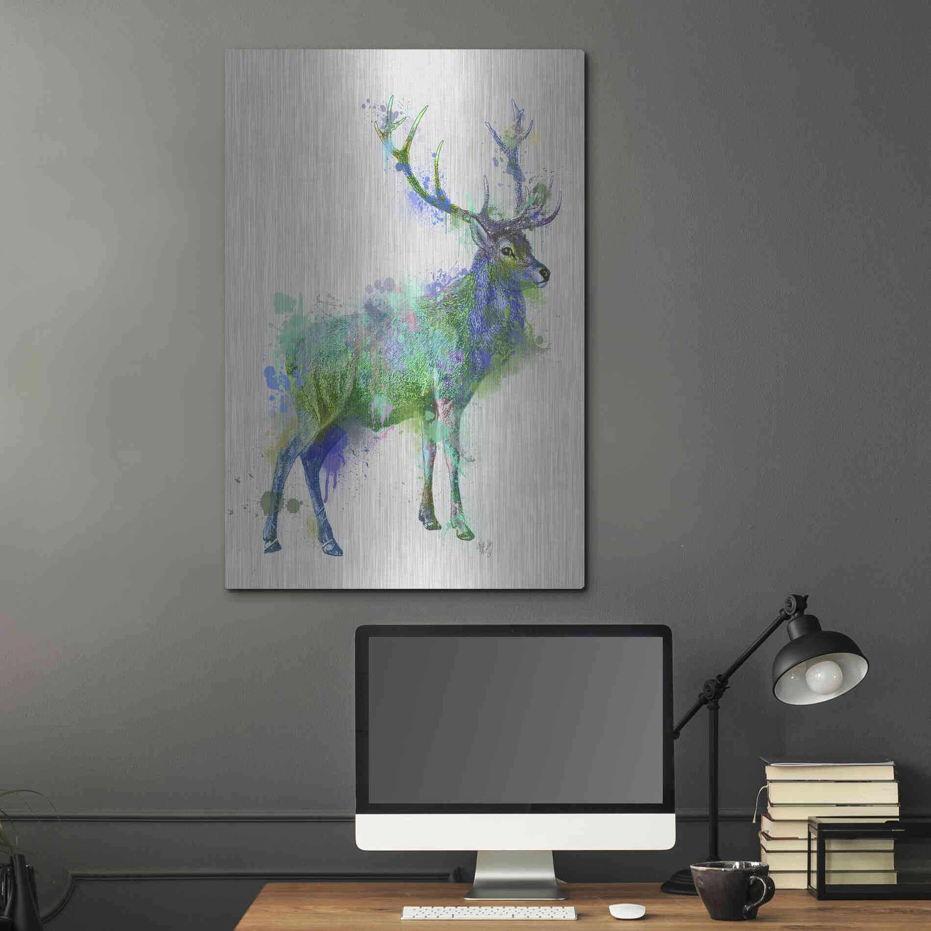 Luxe Metal Art 'Deer 1 Rainbow Splash Green Blue' by Fab Funky Metal Wall Art,24x36